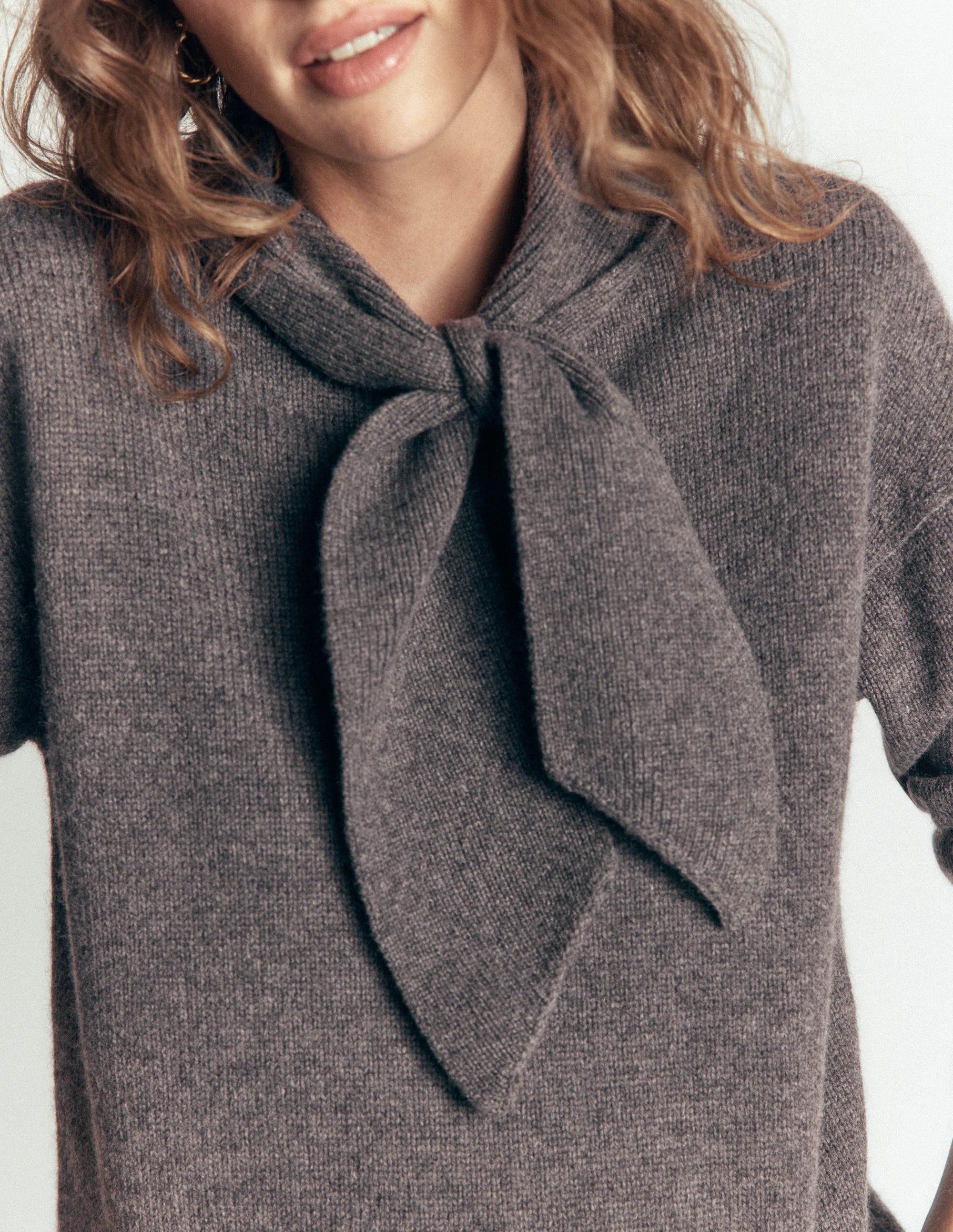 Lydia Tie Neck Knitted Jumper-Charcoal Melange - Image 2
