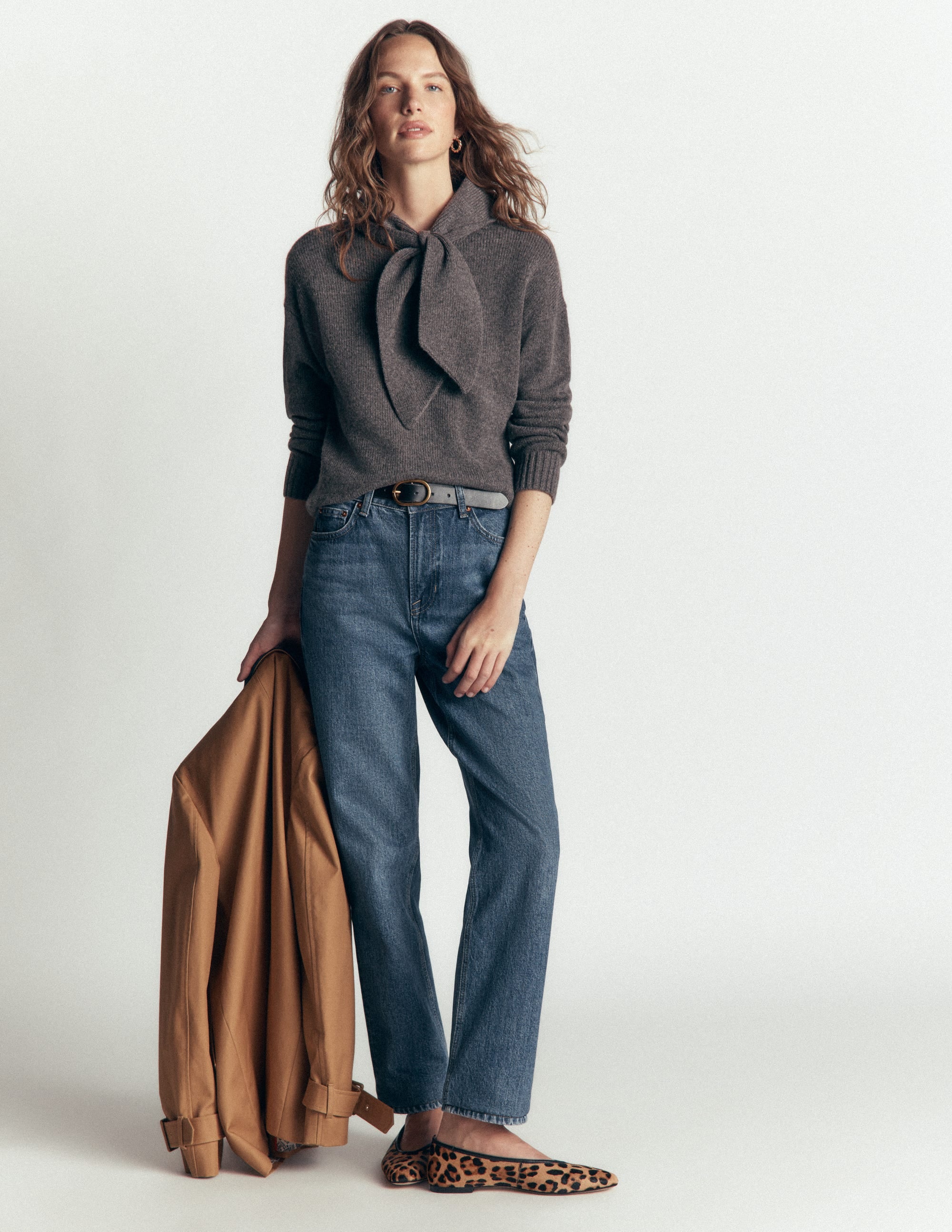 Lydia Tie Neck Knitted Jumper-Charcoal Melange - Image 4