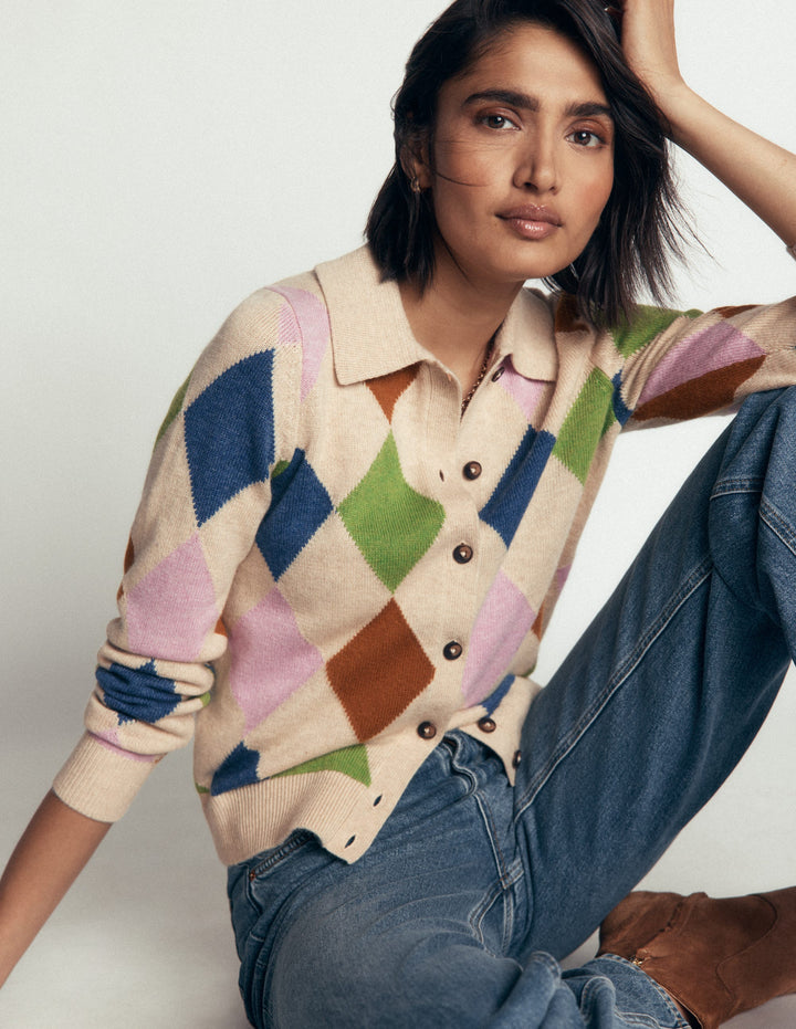 Ariadne Wool Blend Cardigan-Oatmeal Melange, Multi Argyle