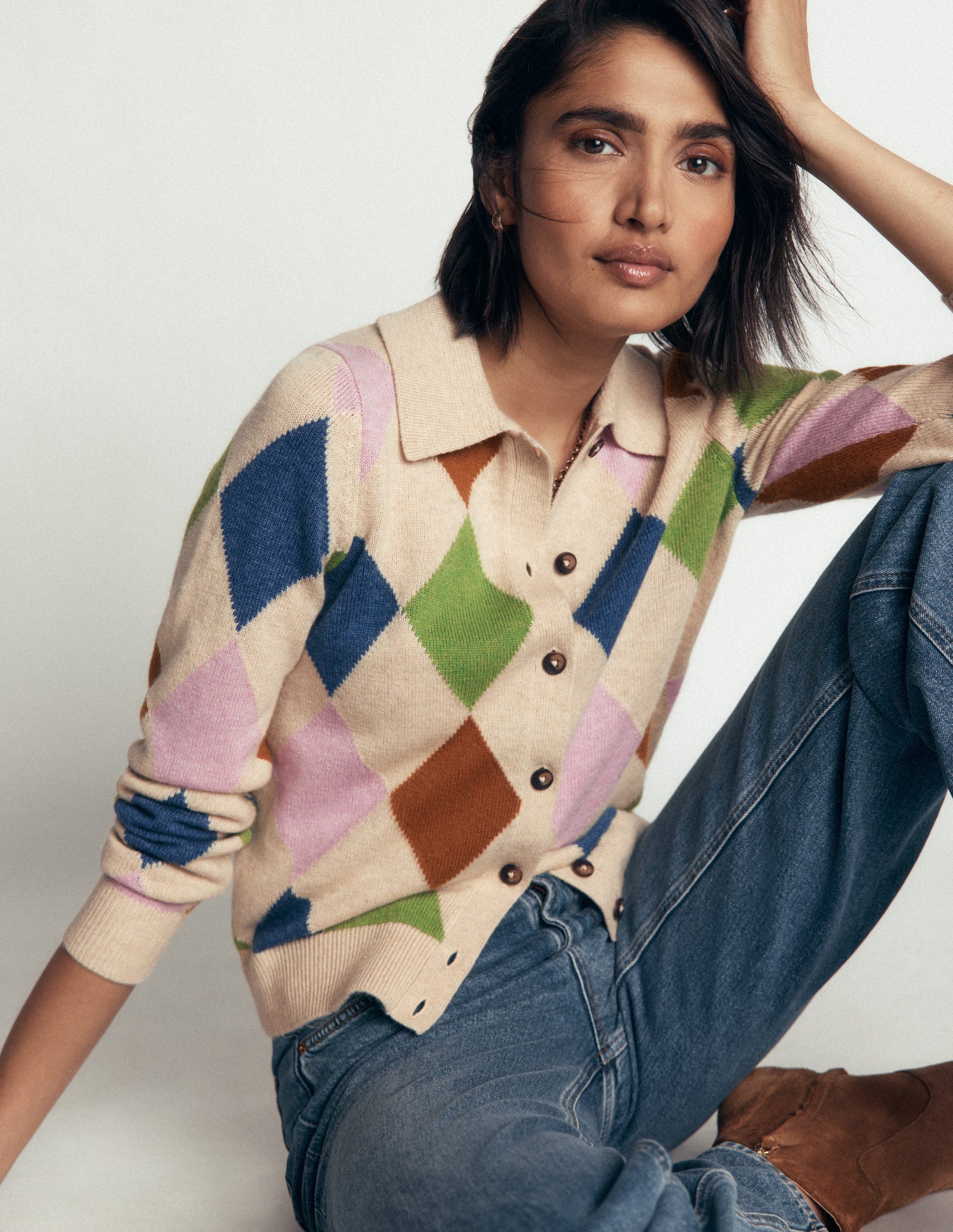 Ariadne Wool Blend Cardigan-Oatmeal Melange, Multi Argyle-1