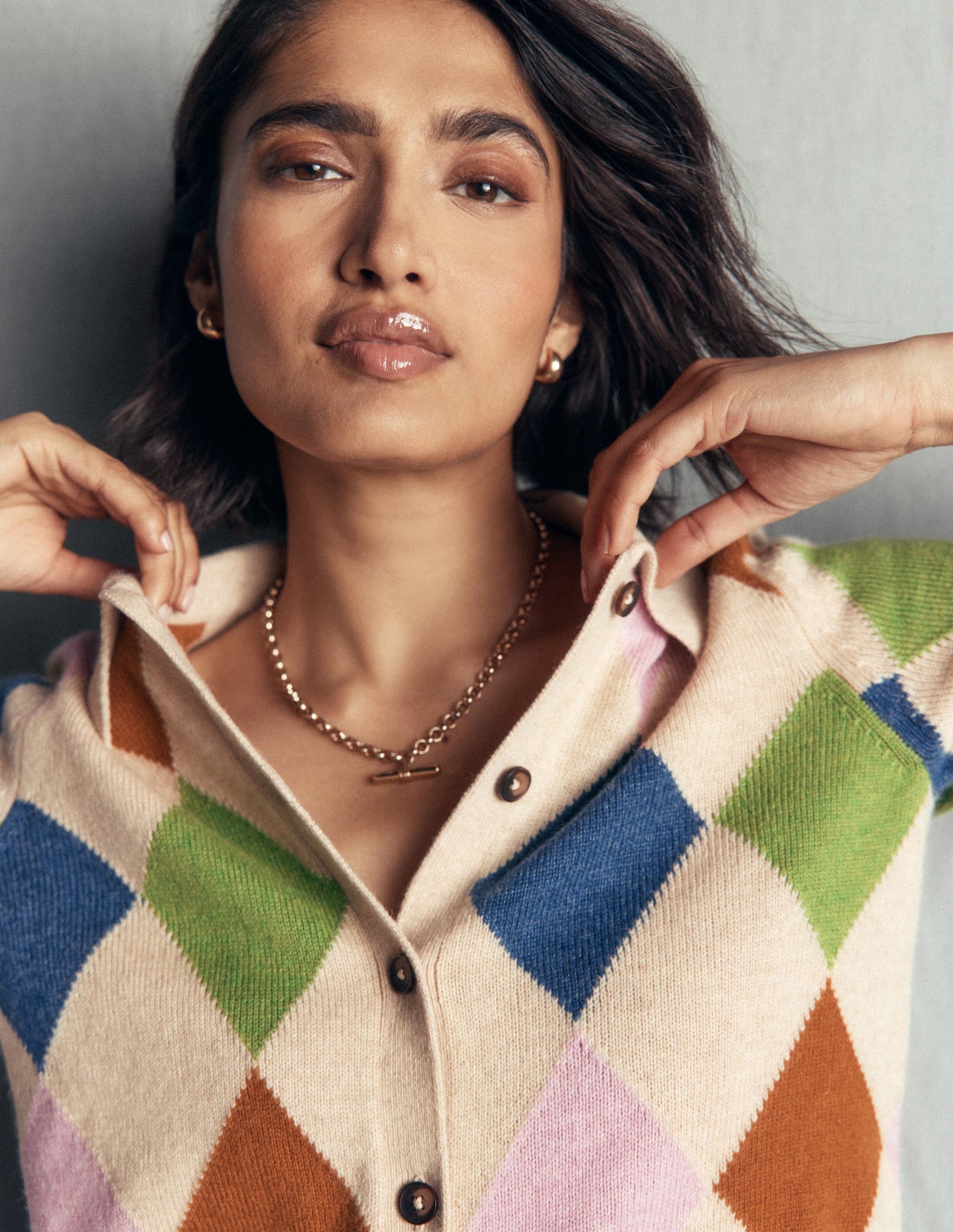 Ariadne Wool Blend Cardigan-Oatmeal Melange, Multi Argyle-2