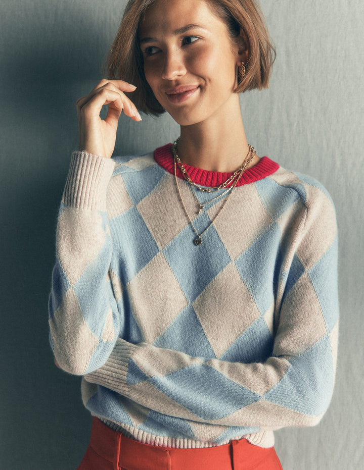 Ariadne Wool Blend Jumper-Blue Argyle