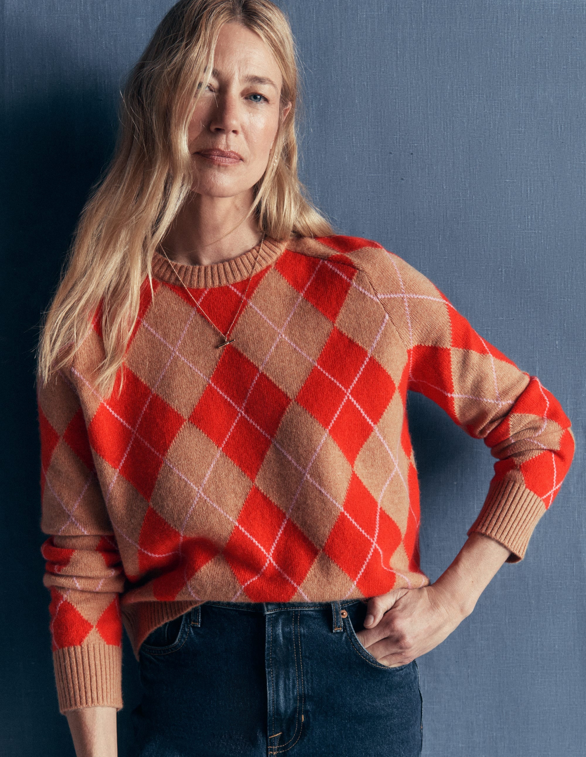 Ariadne Wool Blend Jumper-Orange Argyle - Image 5