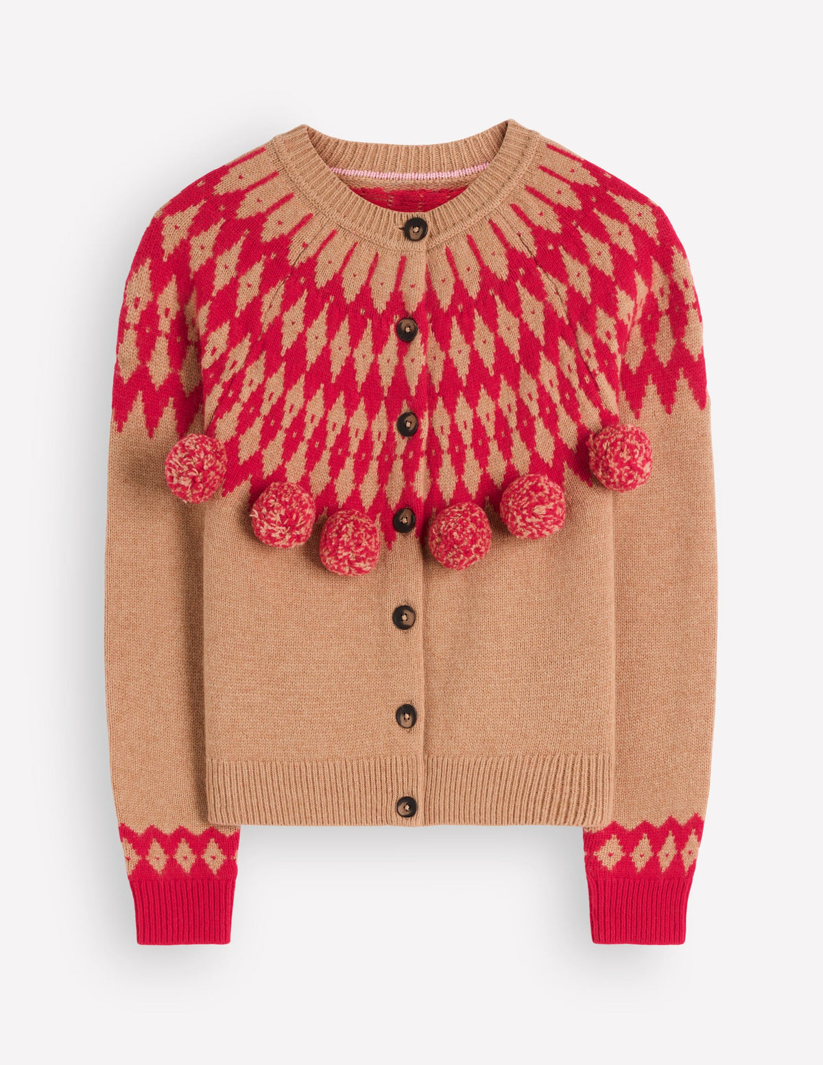 Mae Fair Isle Cardigan-Camel, Red pom pom-6