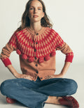 Mae Fair Isle Cardigan-Camel, Red pom pom