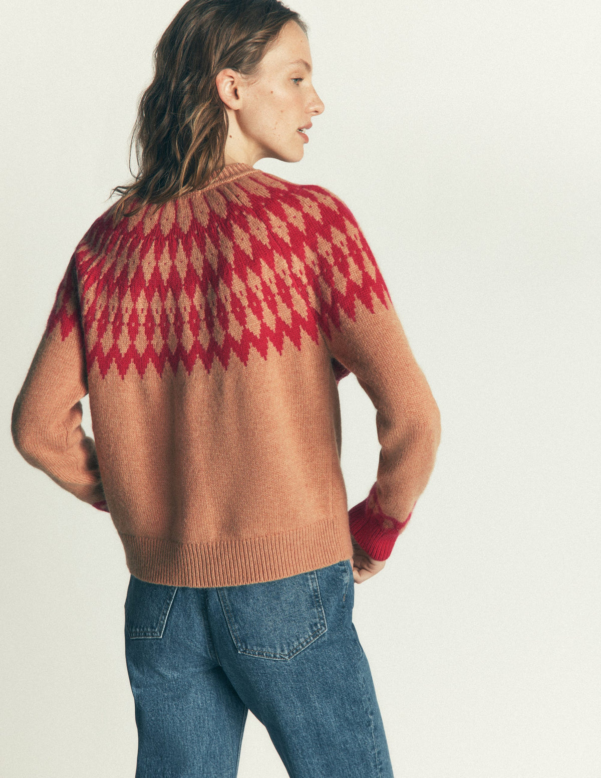 Mae Fair Isle Cardigan-Camel, Red pom pom - Image 3