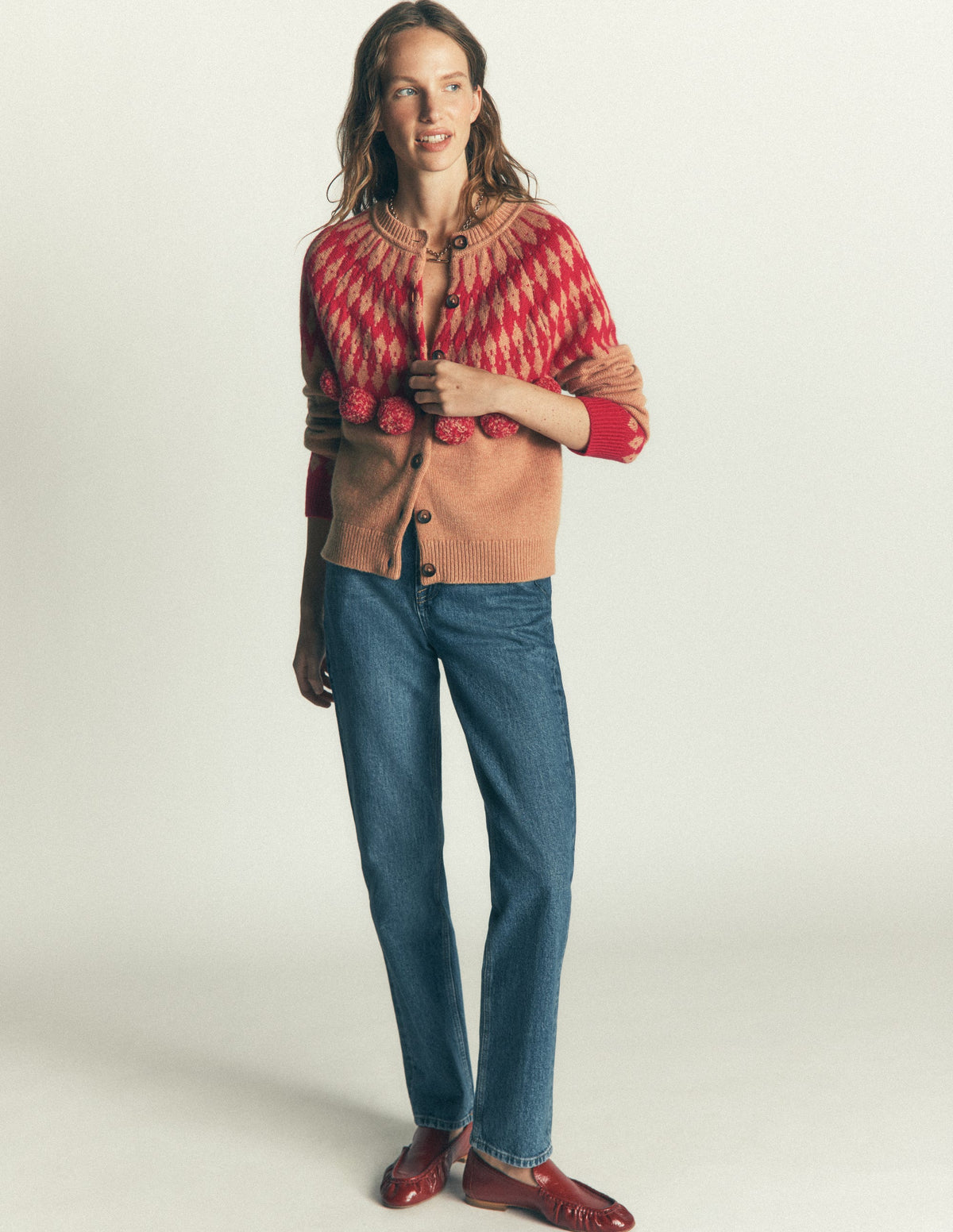 Mae Fair Isle Cardigan-Camel, Red pom pom-4