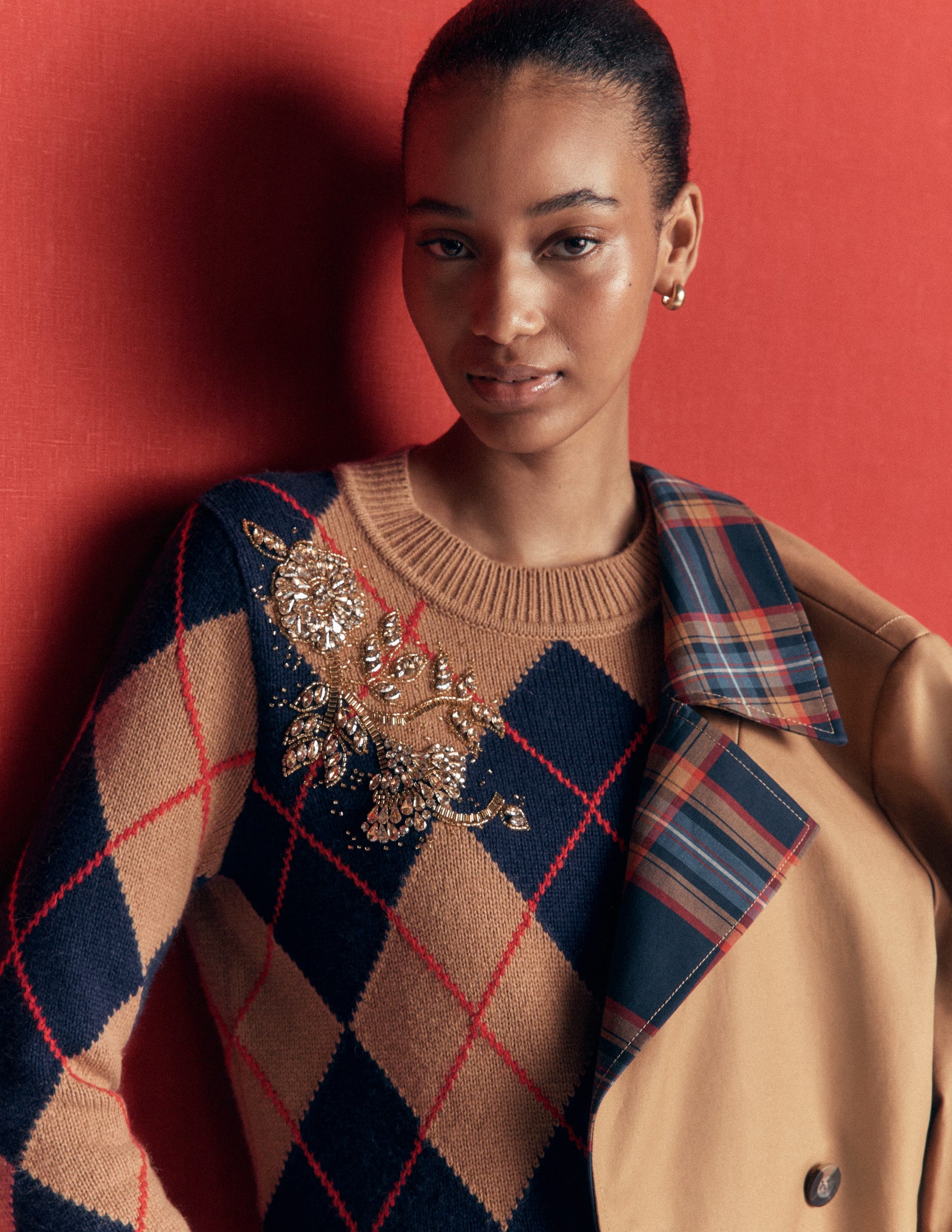 Embellished Jacquard Jumper-Camel Melange Argyle-3