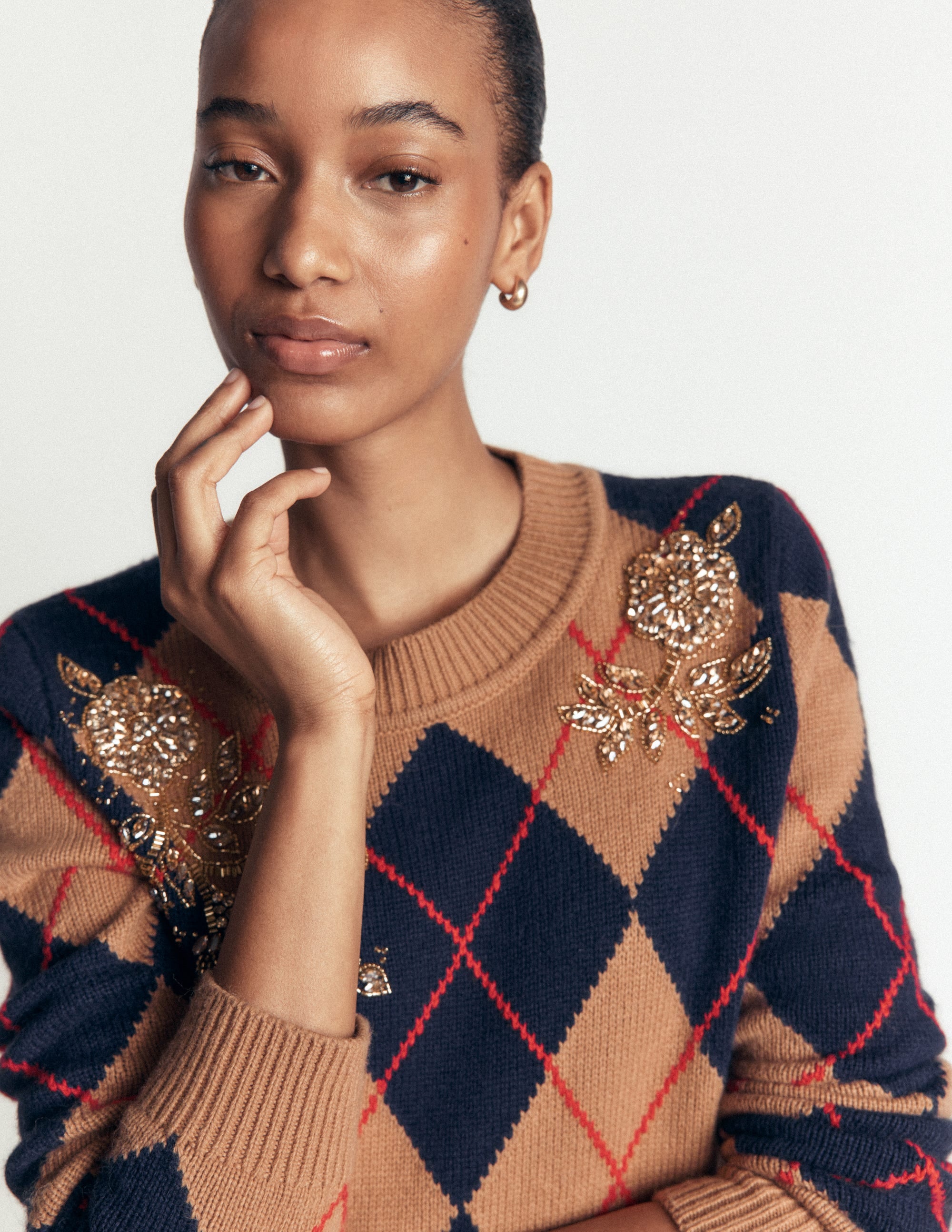 Embellished Jacquard Jumper-Camel Melange Argyle - Image 3