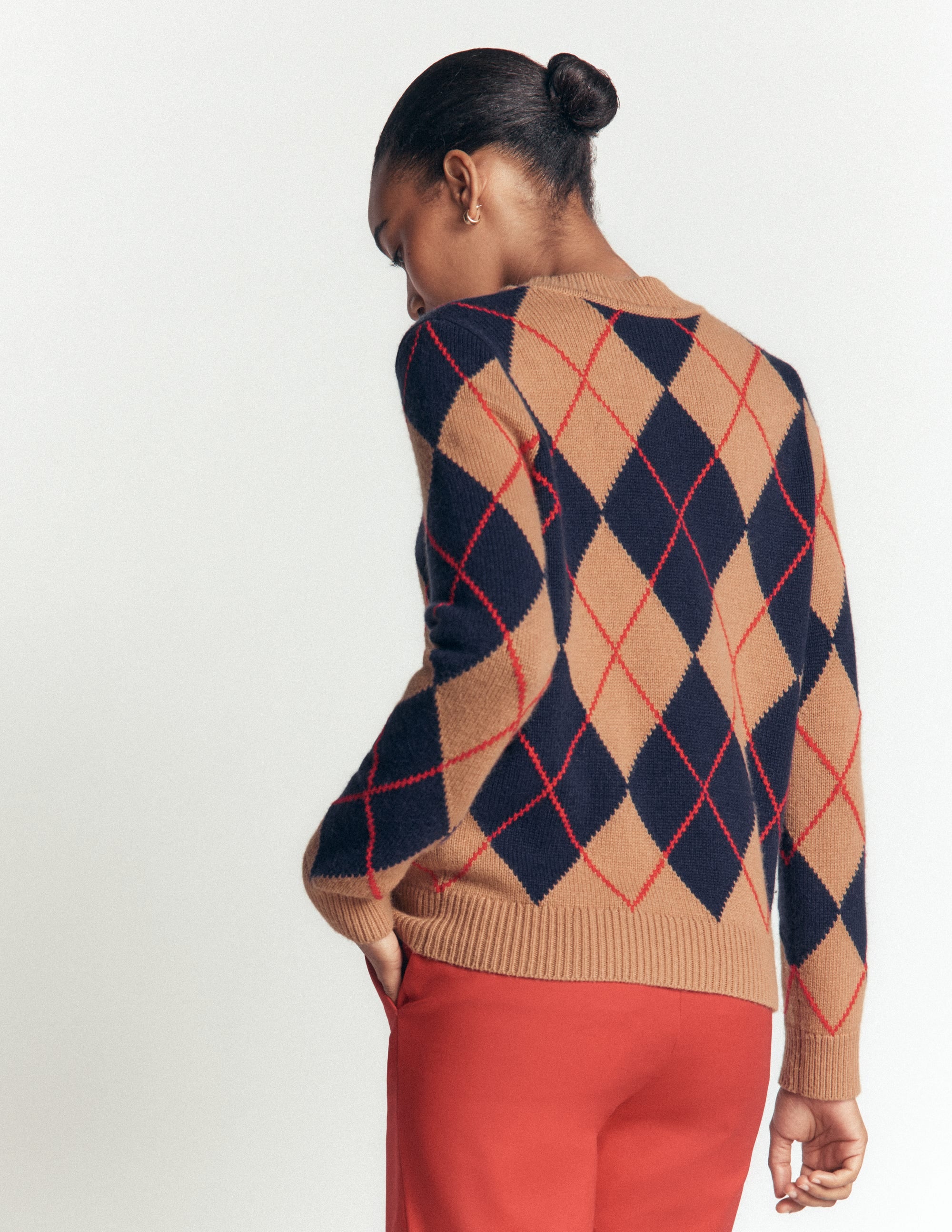 Embellished Jacquard Jumper-Camel Melange Argyle - Image 4