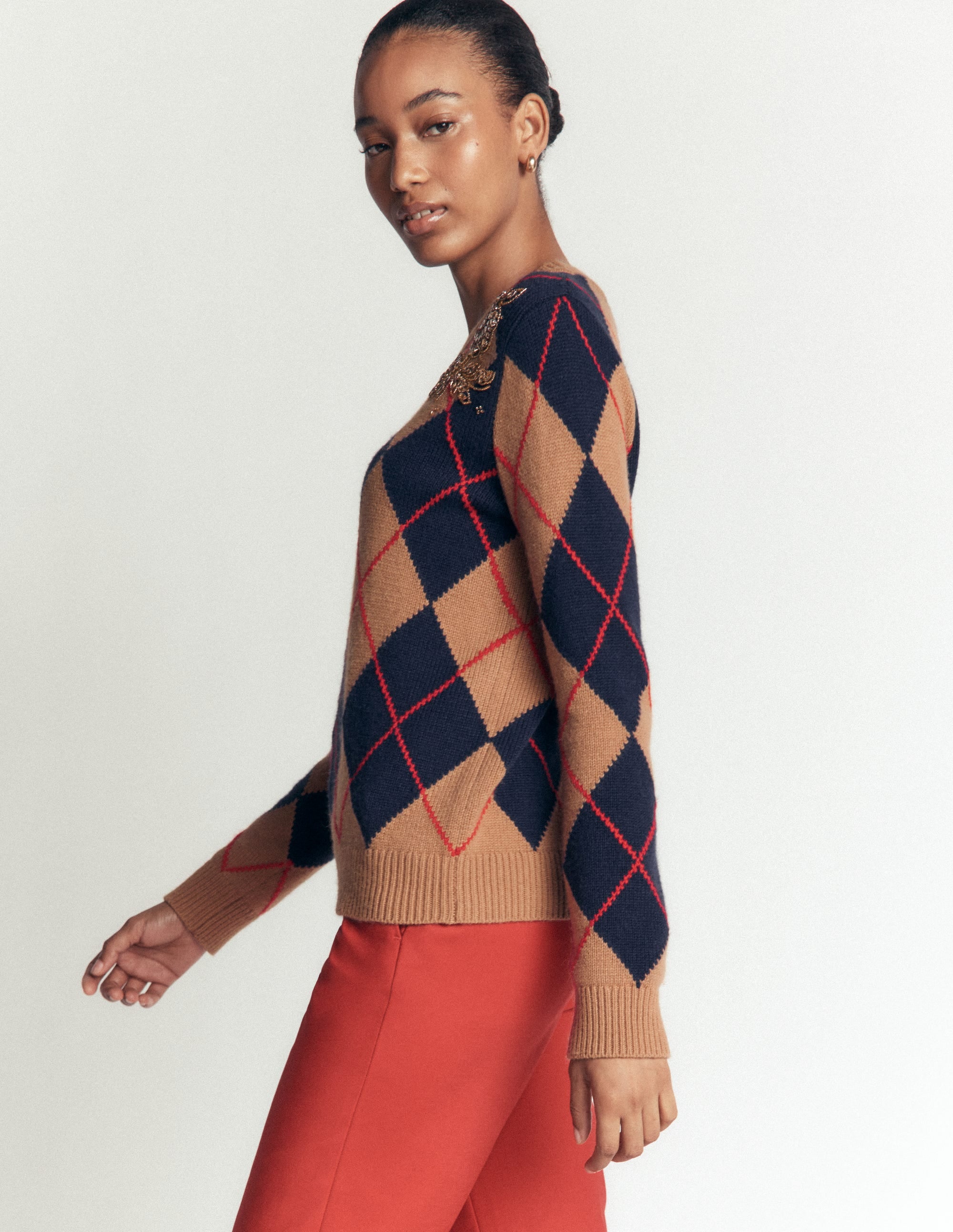 Embellished Jacquard Jumper-Camel Melange Argyle - Image 5