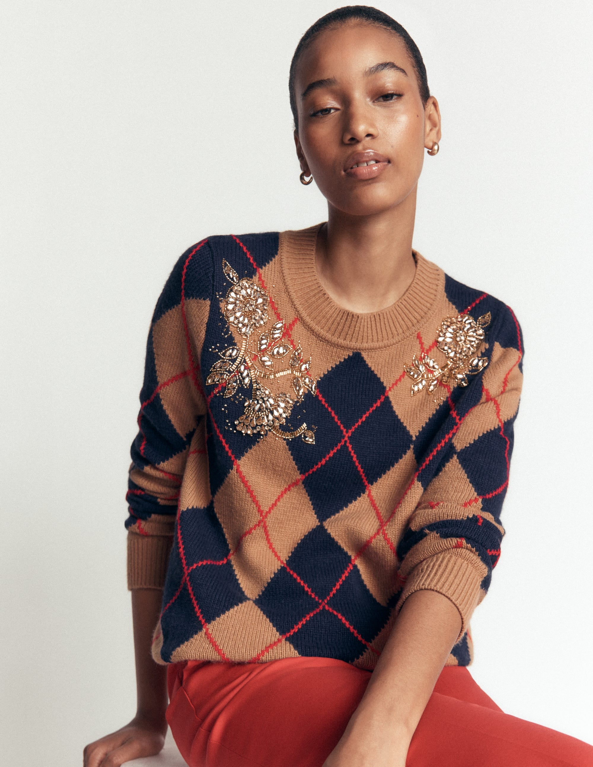 Embellished Jacquard Jumper-Camel Melange Argyle - Image 6