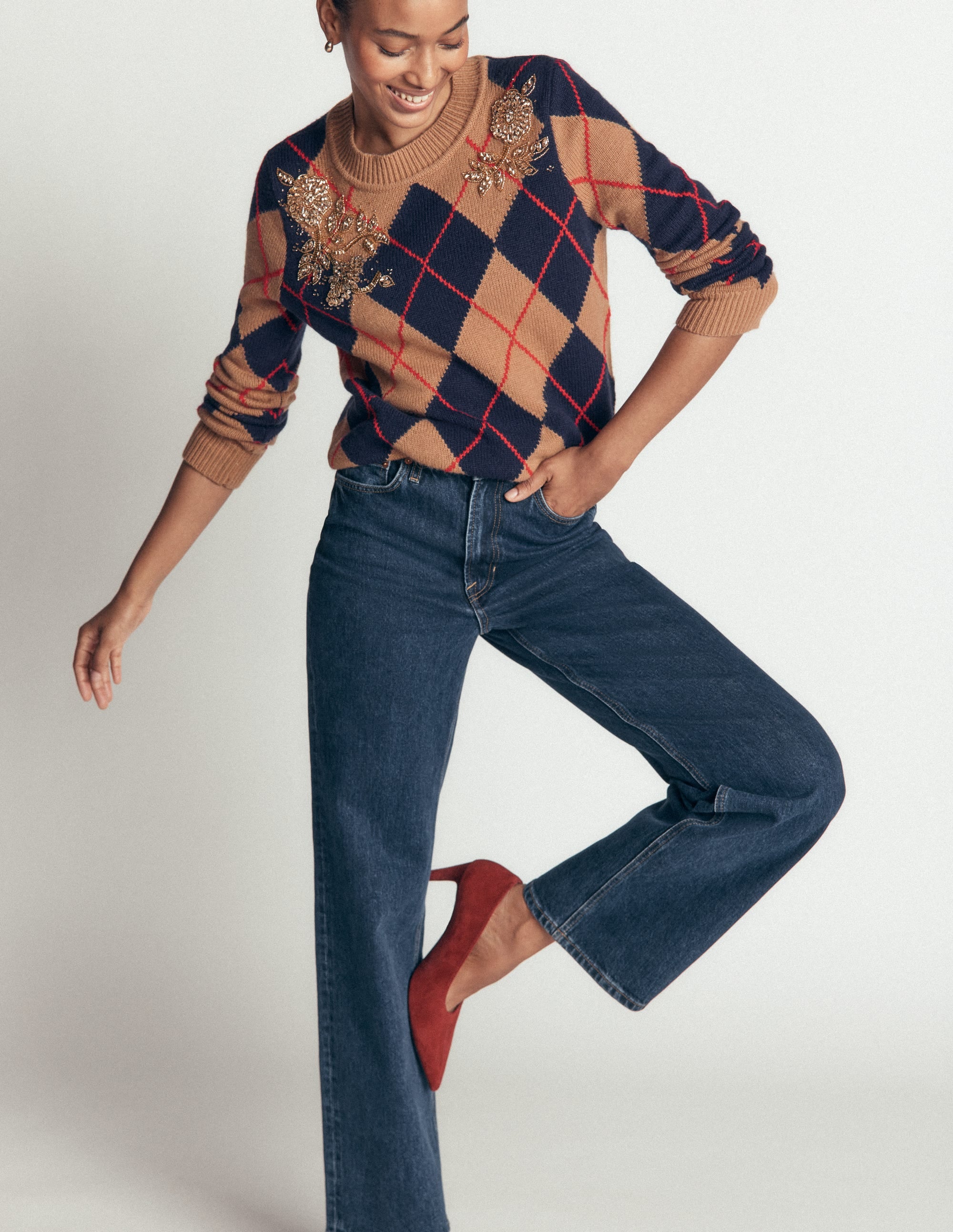 Embellished Jacquard Jumper-Camel Melange Argyle - Image 7
