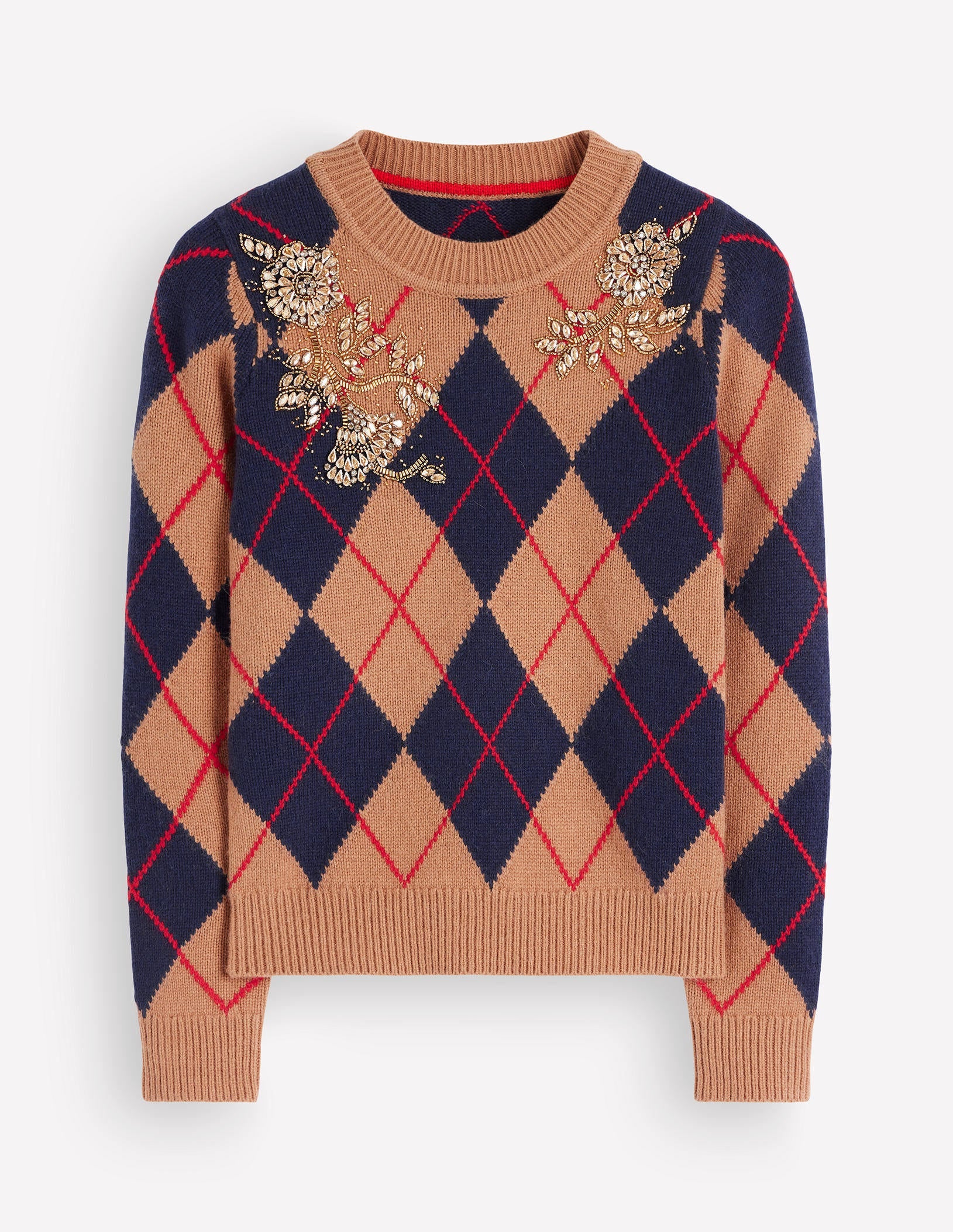 Embellished Jacquard Jumper-Camel Melange Argyle - Image 8