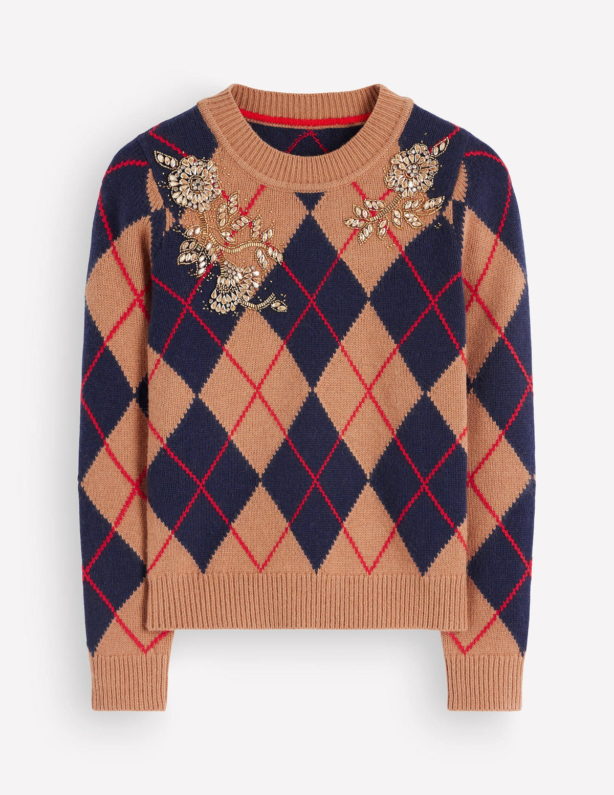 Embellished Jacquard Jumper-Camel Melange Argyle-8