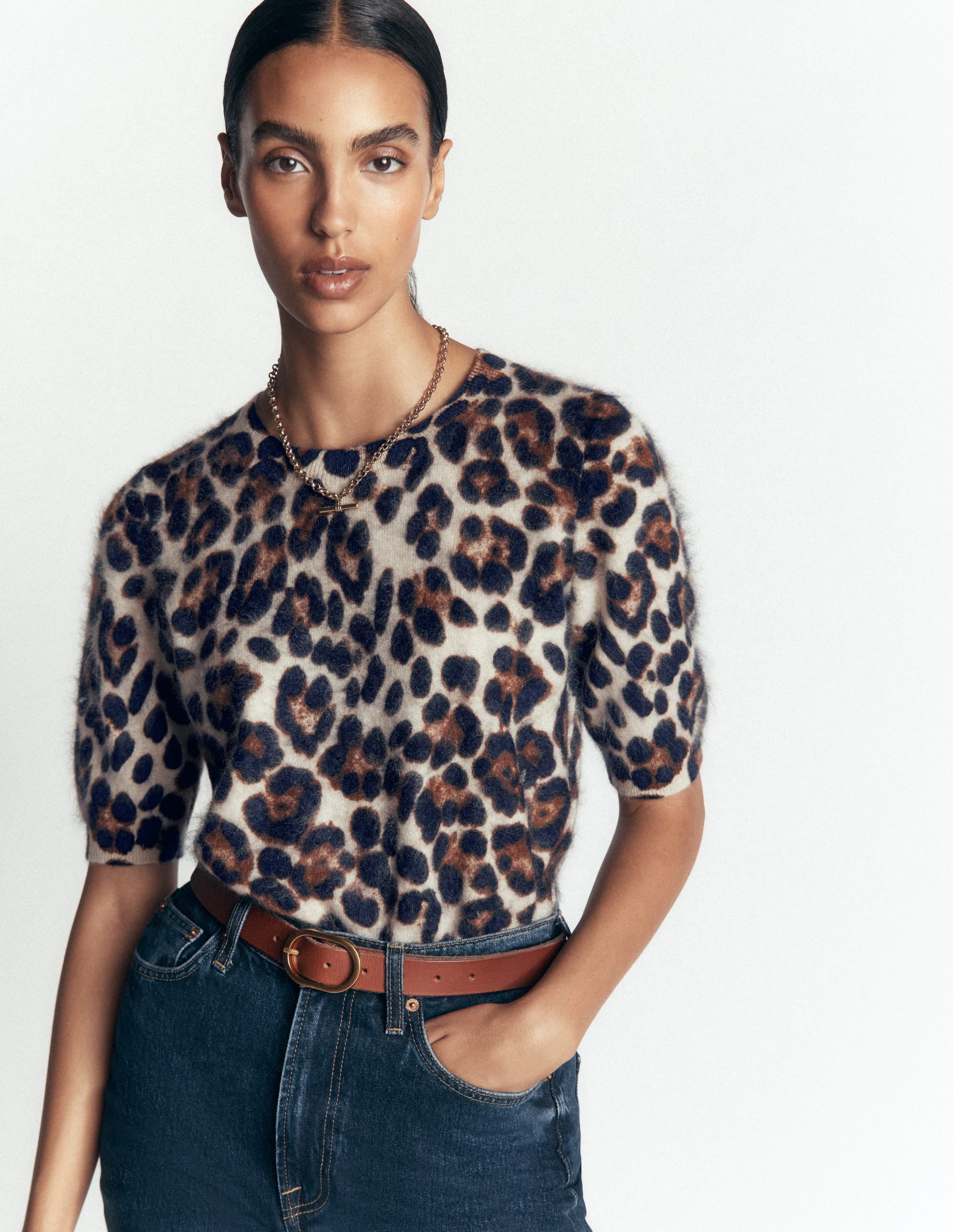 Kat Brushed Cashmere T-shirt-Camel, Leopard - Image 4