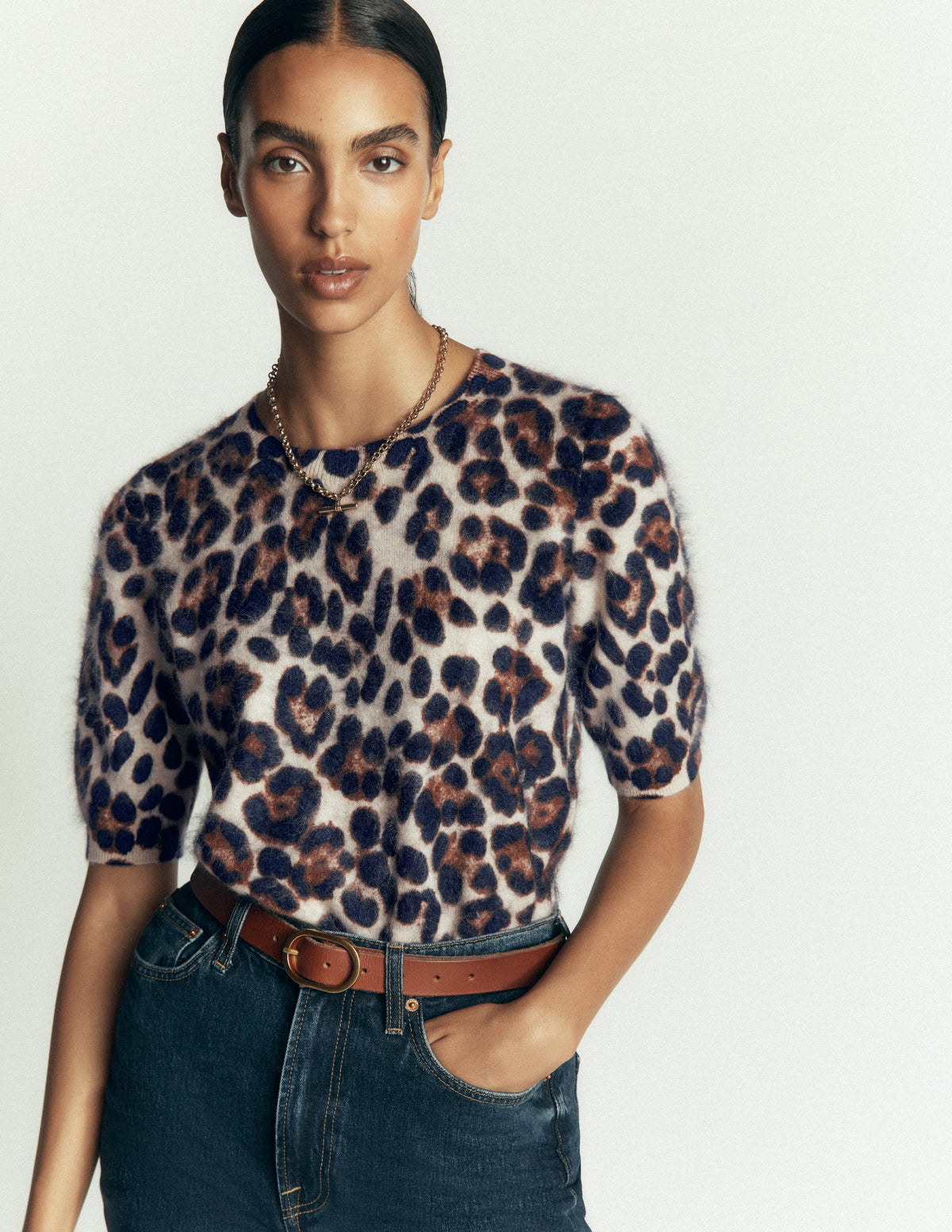 Kat Brushed Cashmere T-shirt-Camel, Leopard-4