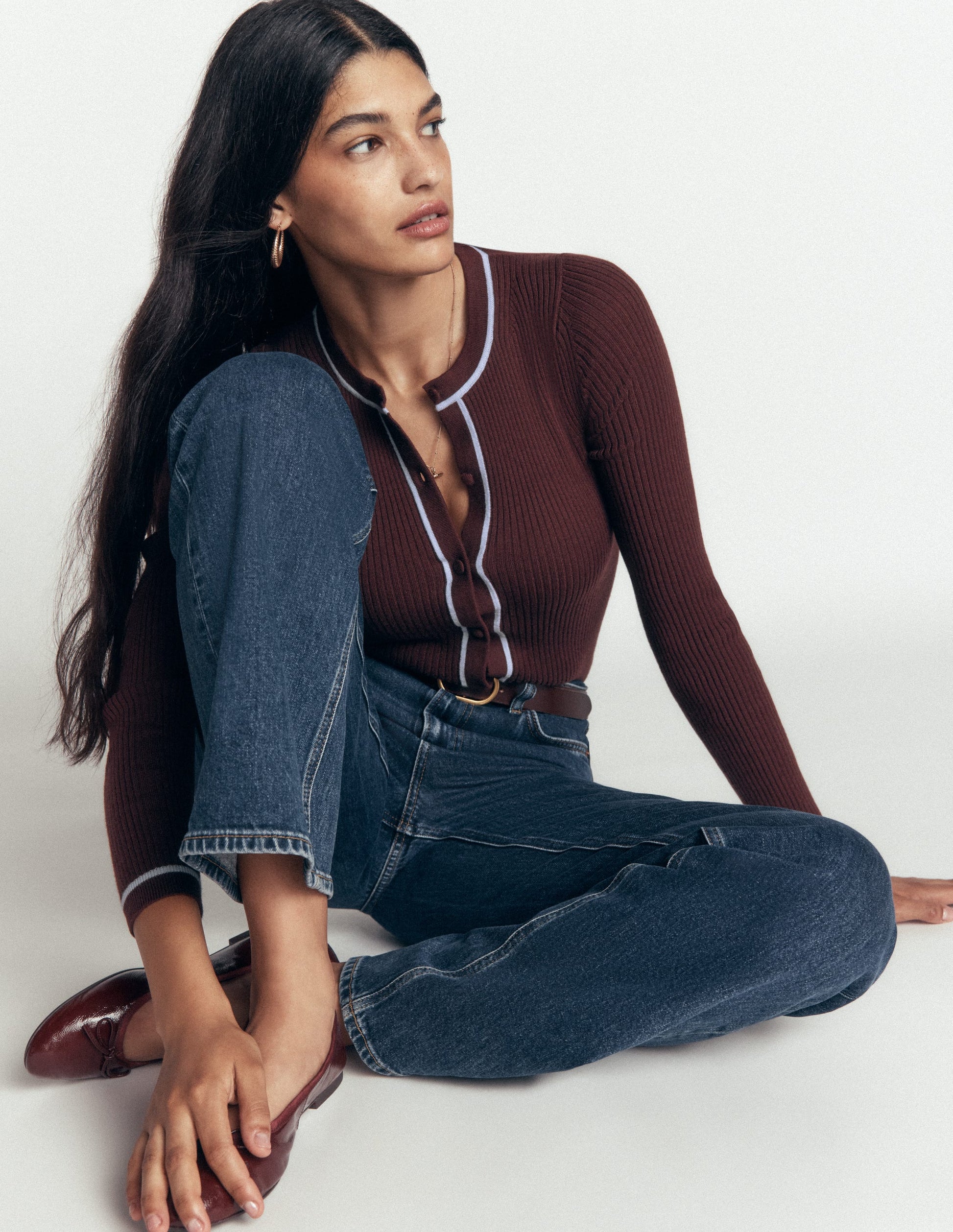 Paula Ribbed Crew Cardigan-Bitter Chocolate-1