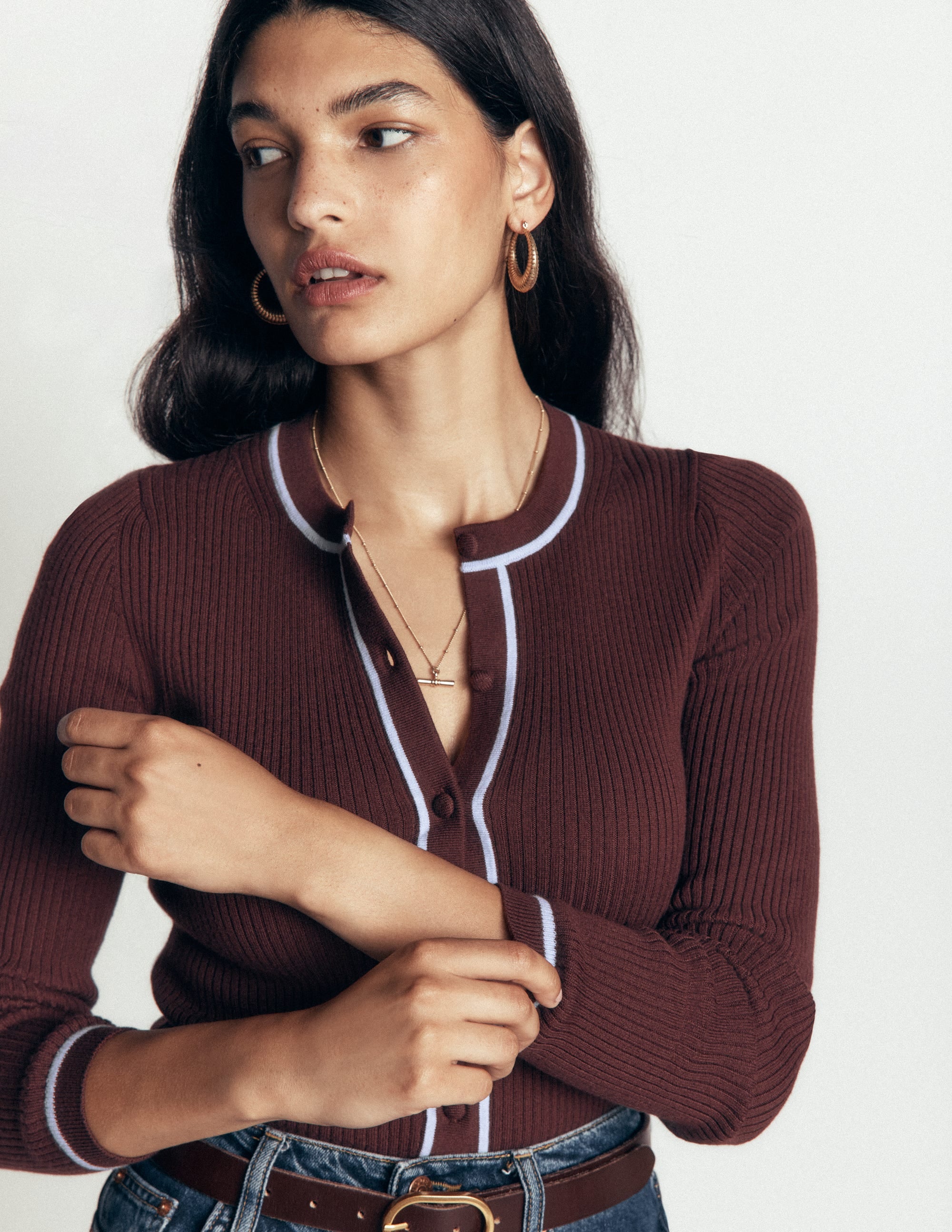 Paula Ribbed Crew Cardigan-Bitter Chocolate - Image 2