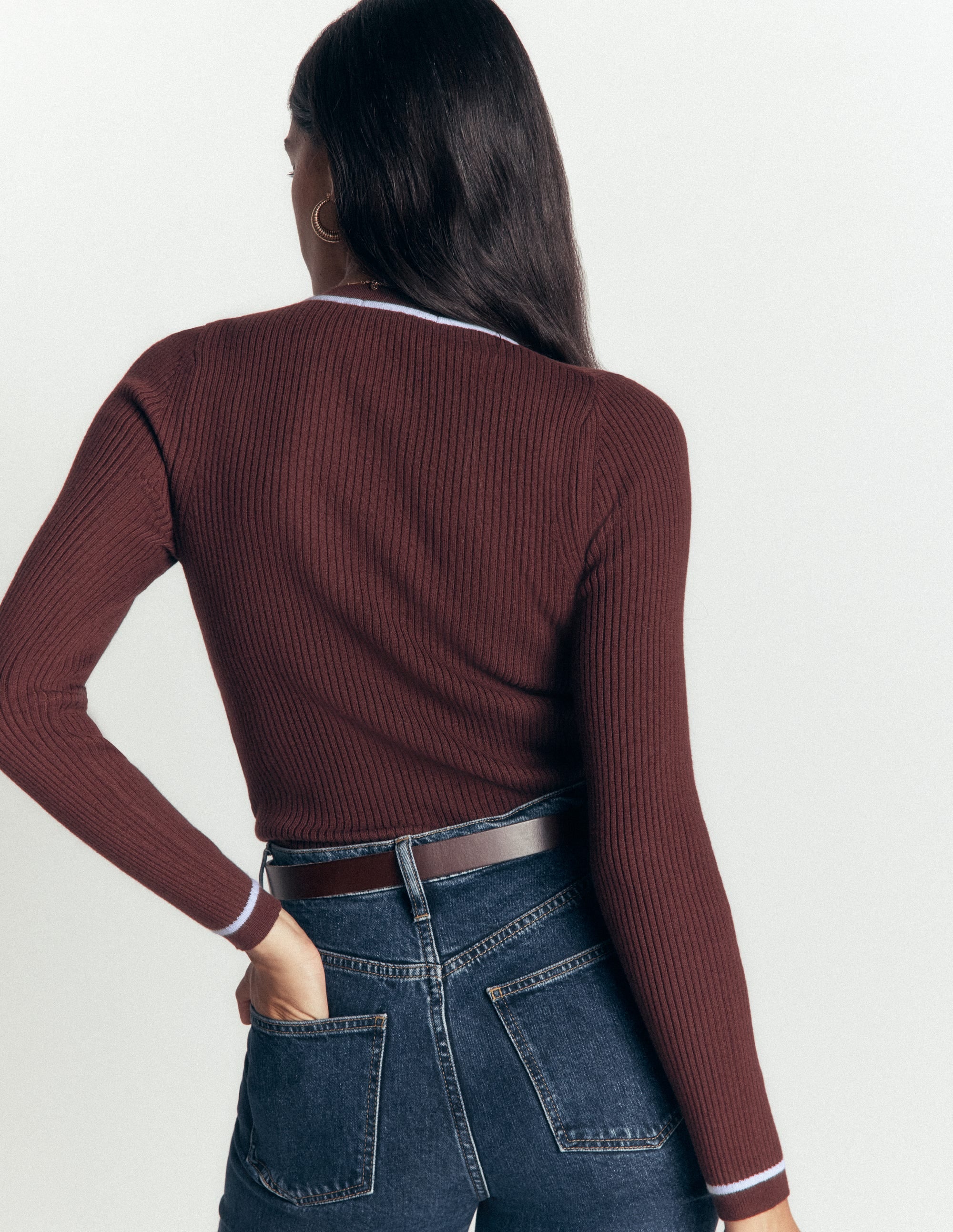 Paula Ribbed Crew Cardigan-Bitter Chocolate - Image 3