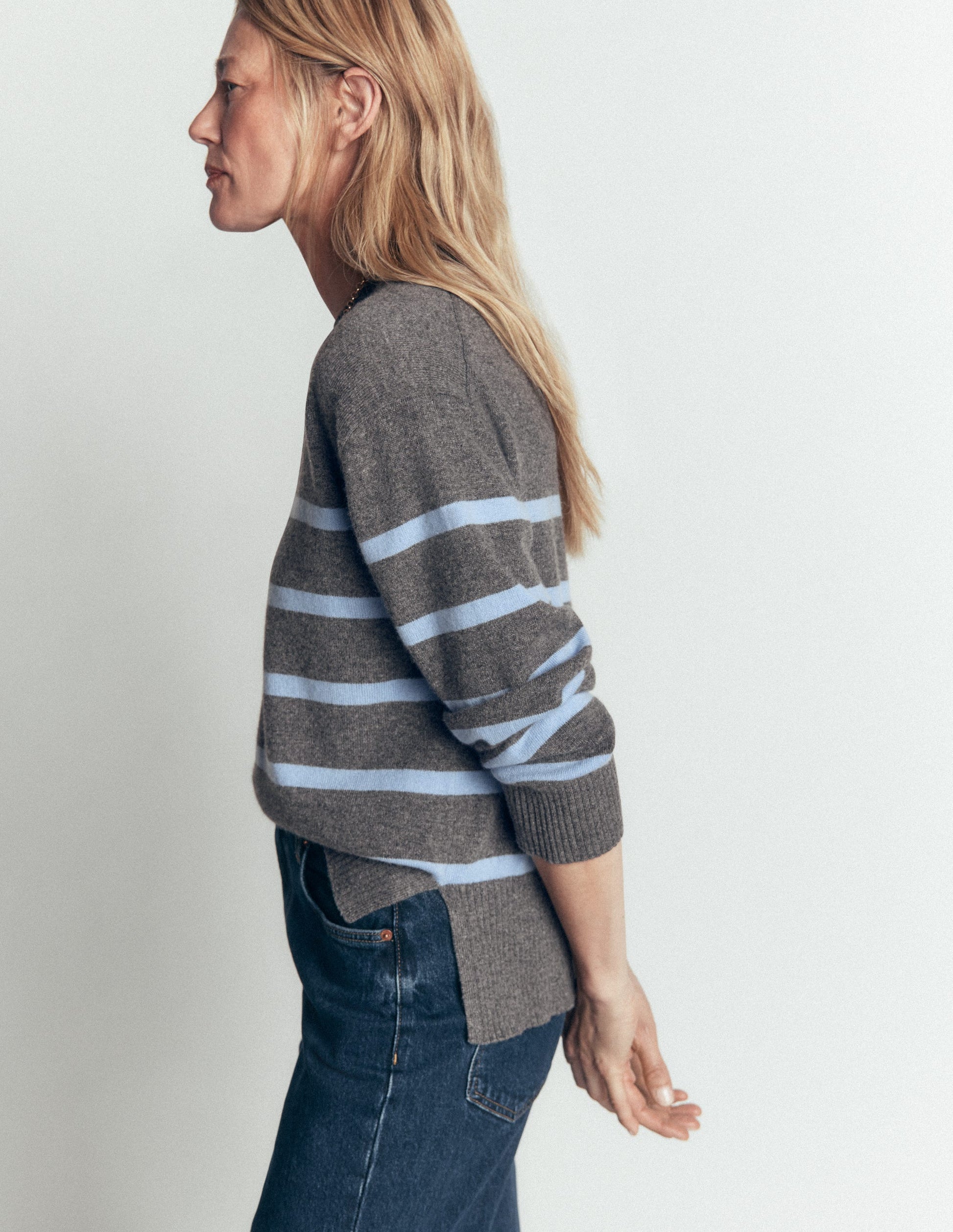 Fay Cashmere Crew Neck Jumper-Charcoal, Blue Stripe-4