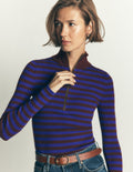 Zelda Half-Zip Ribbed Jumper-Bright Blue, Chestnut Stripe