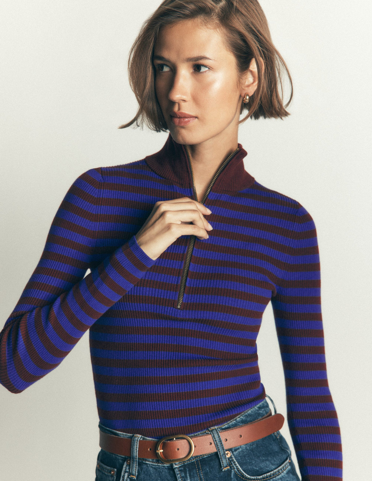 Zelda Half-Zip Ribbed Jumper-Bright Blue, Chestnut Stripe-1