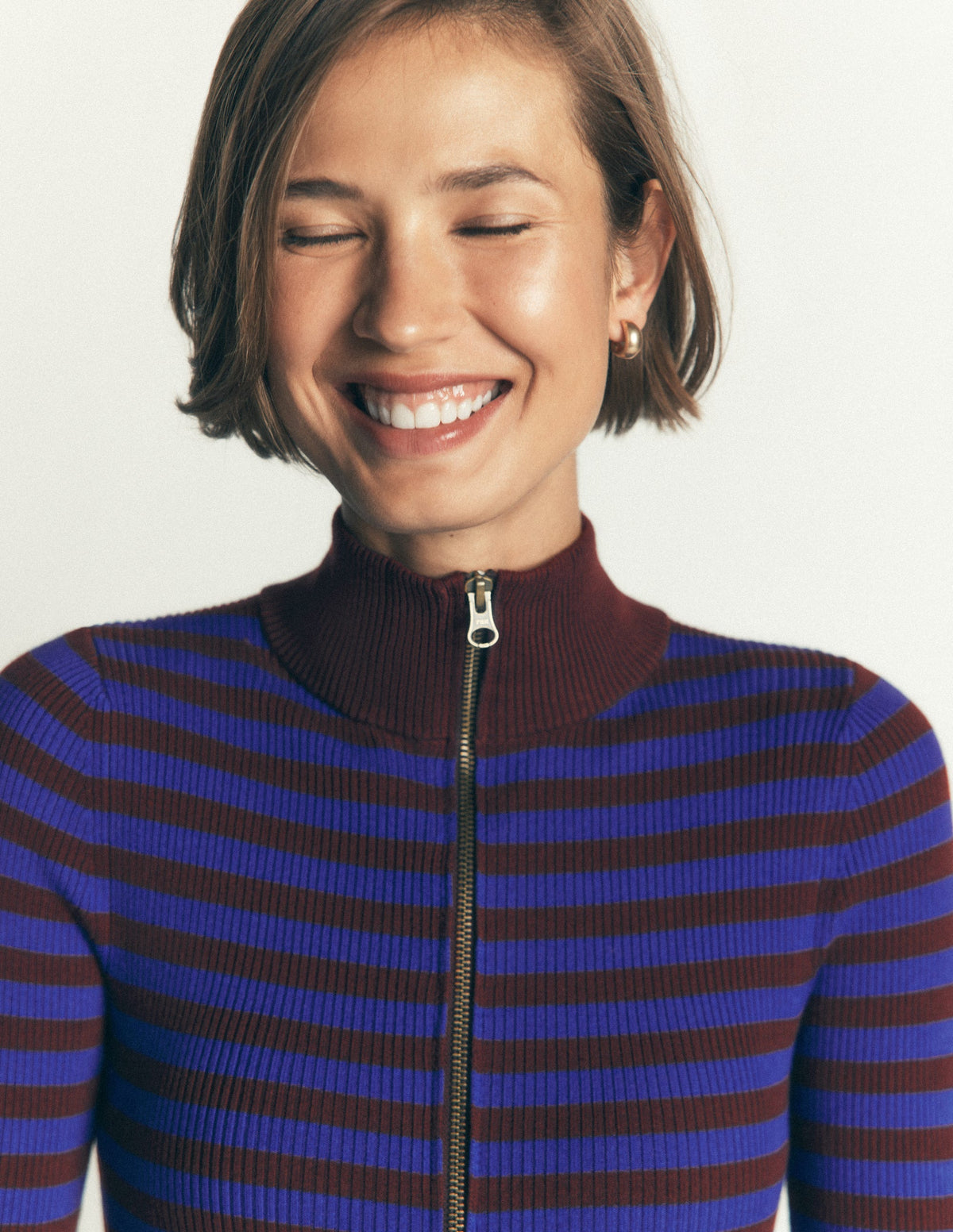 Zelda Half-Zip Ribbed Jumper-Bright Blue, Chestnut Stripe - Image 2