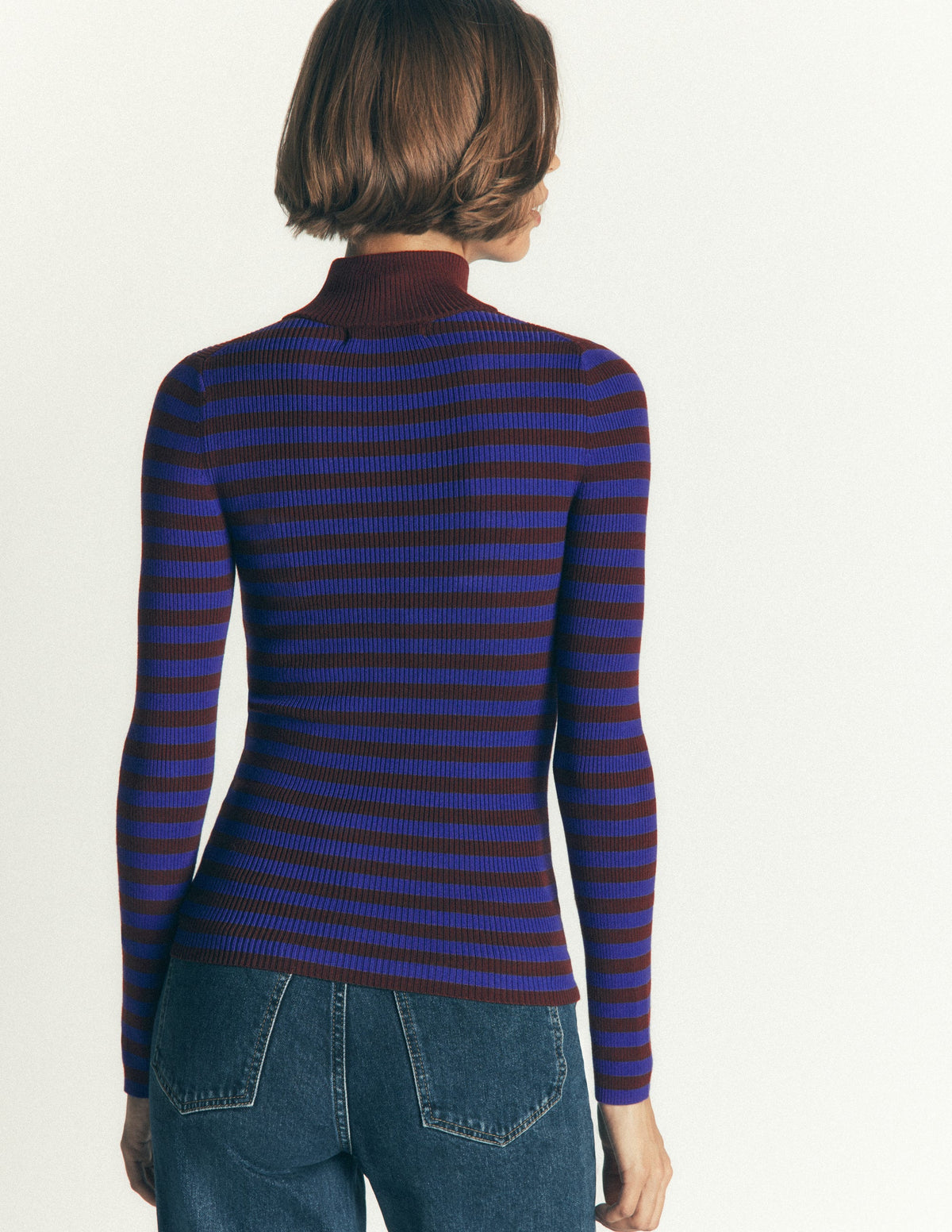 Zelda Half-Zip Ribbed Jumper-Bright Blue, Chestnut Stripe-3