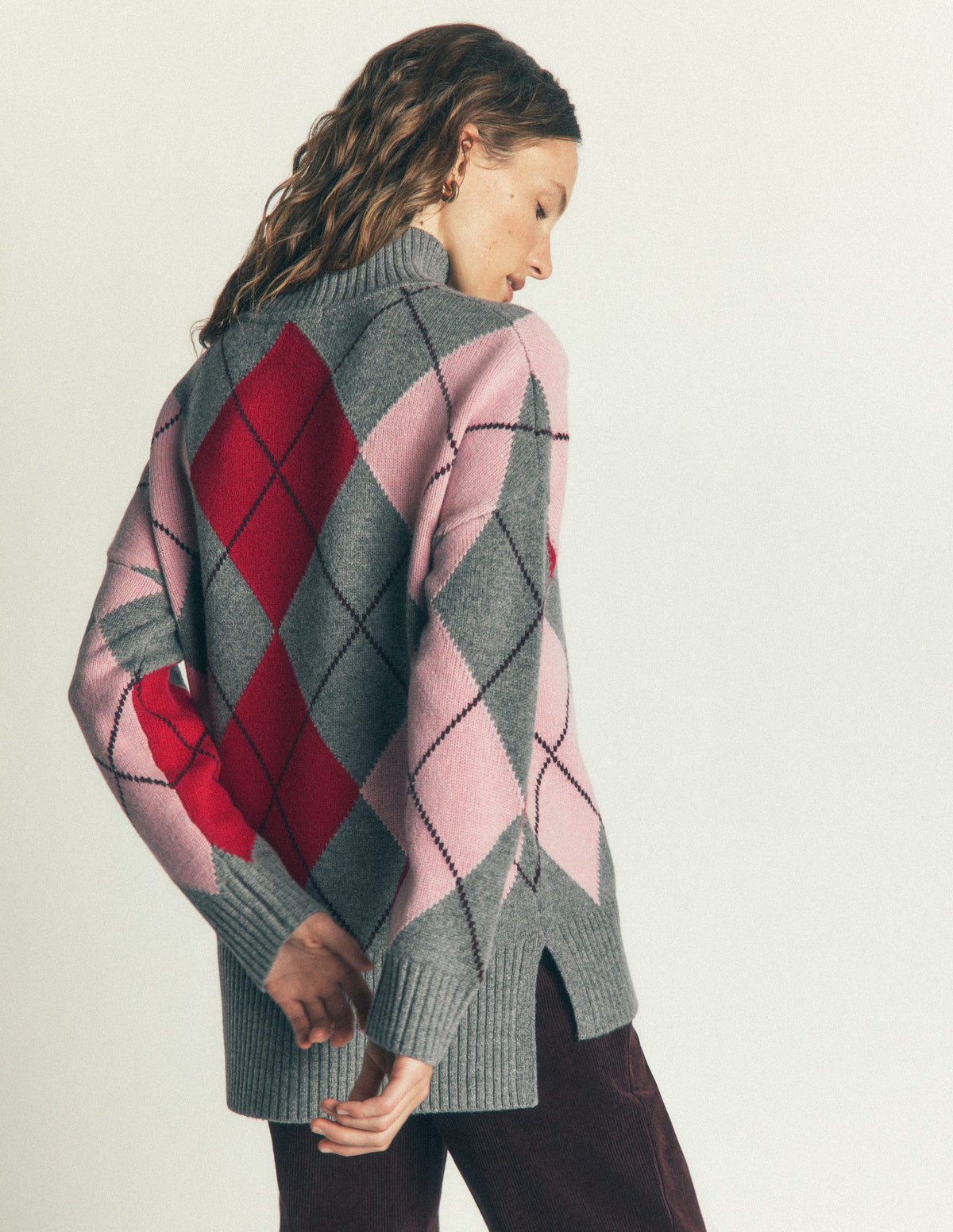 Marta Longline Merino Jumper-Grey, Red, Pink Argyle - Image 3