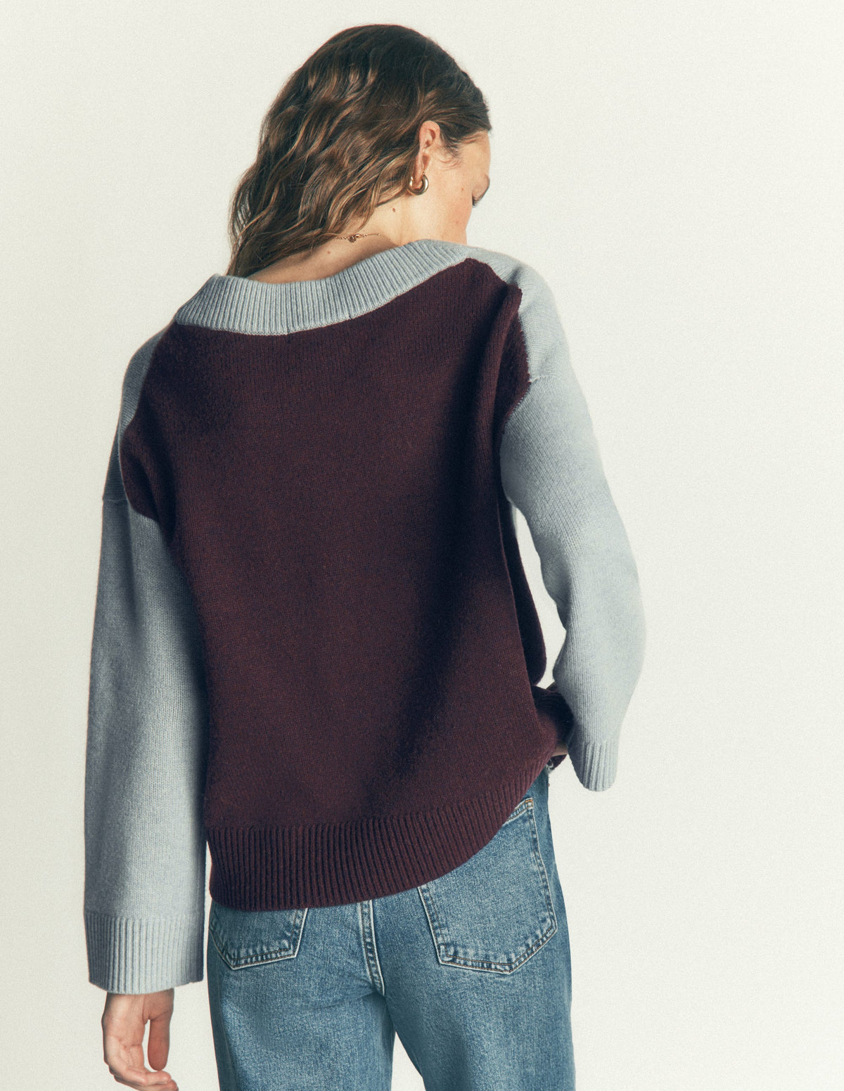 Marta Merino V Neck Jumper-Seamist Blue Colour Block - Image 3