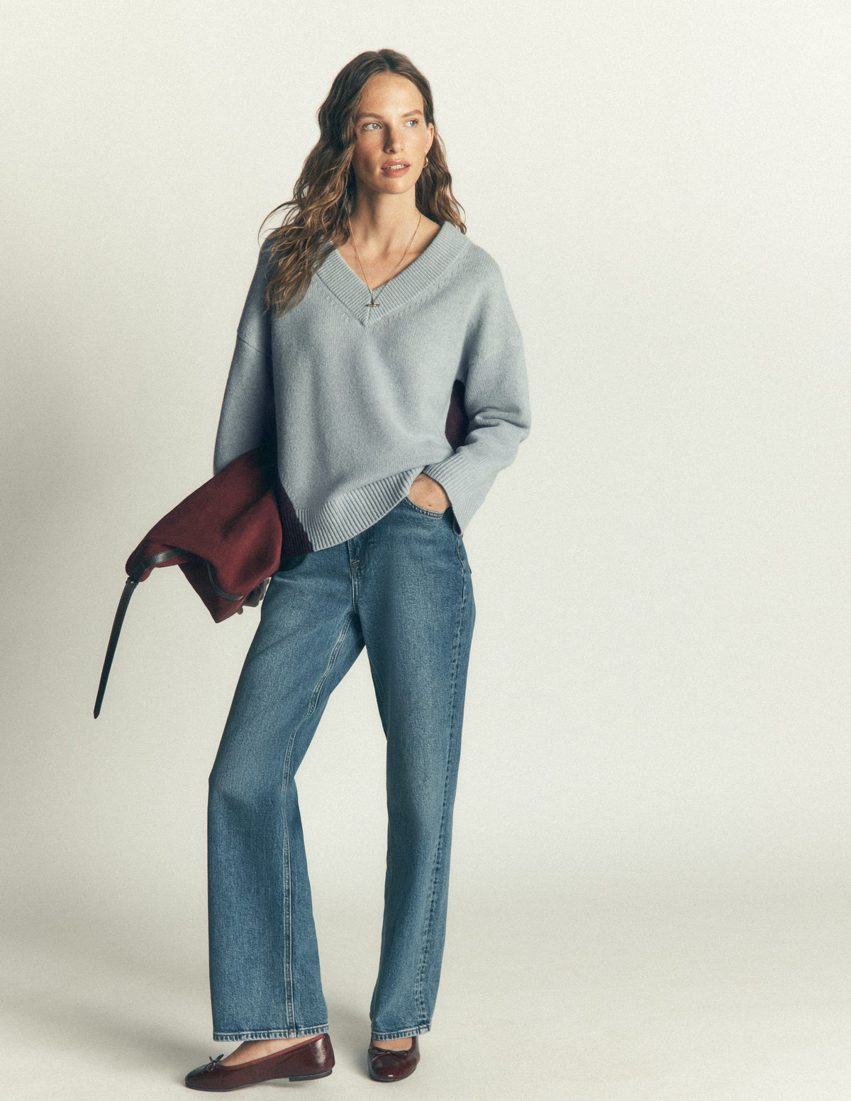 Marta Merino V Neck Jumper-Seamist Blue Colour Block - Image 4