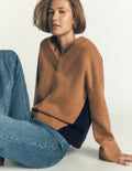 Marta Merino V Neck Jumper-Camel, Navy Colour Block