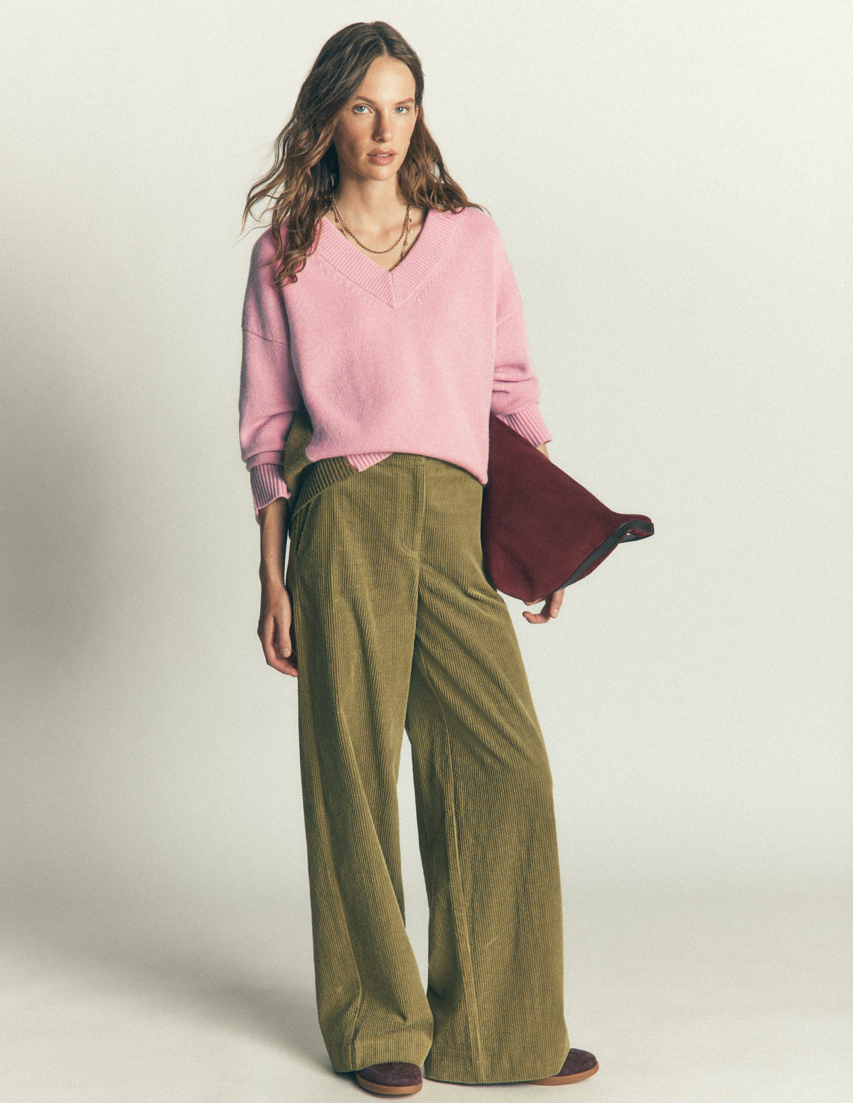 Marta Merino V Neck Jumper-Blush, Green Colour Block - Image 5