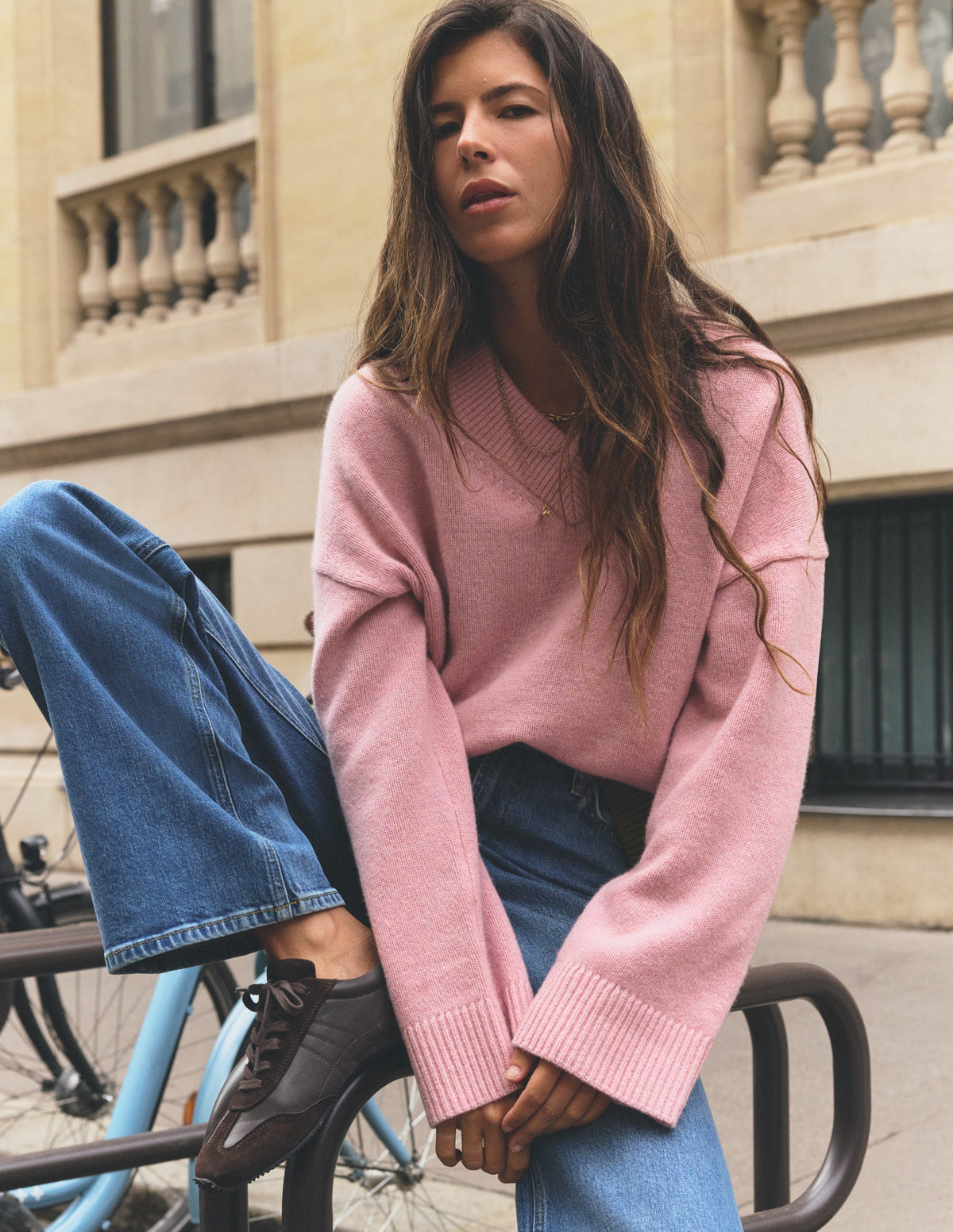 Marta Merino V Neck Jumper-Blush, Green Colour Block - Image 1