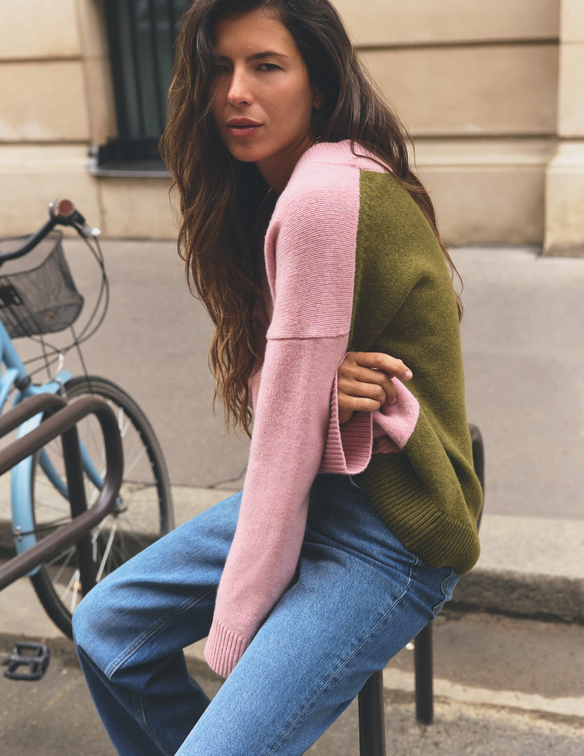 Marta Merino V Neck Jumper-Blush, Green Colour Block-6