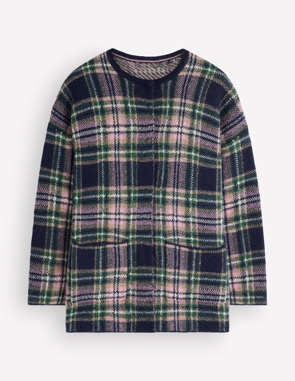 Fluffy Jacquard Cardigan-Navy, Green and Pink Check - Image 7