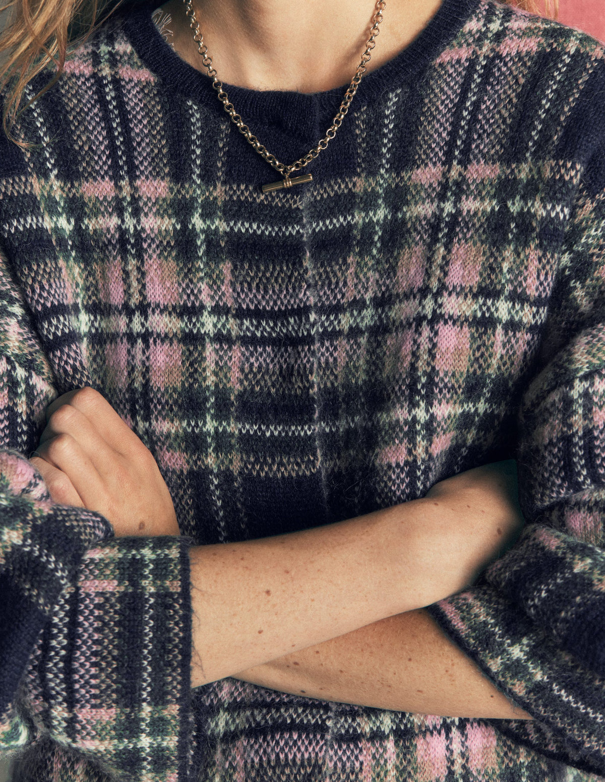 Fluffy Jacquard Cardigan-Navy, Green and Pink Check - Image 3