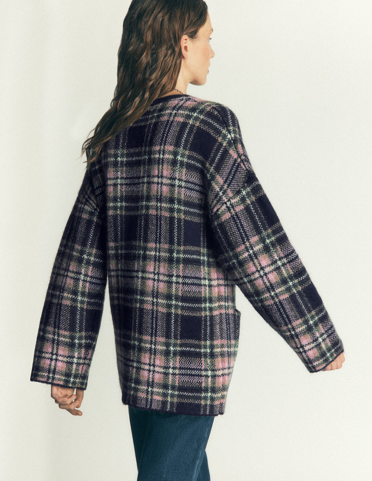 Fluffy Jacquard Cardigan-Navy, Green and Pink Check-4