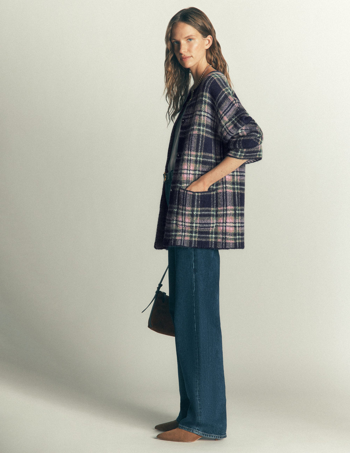 Fluffy Jacquard Cardigan-Navy, Green and Pink Check - Image 5