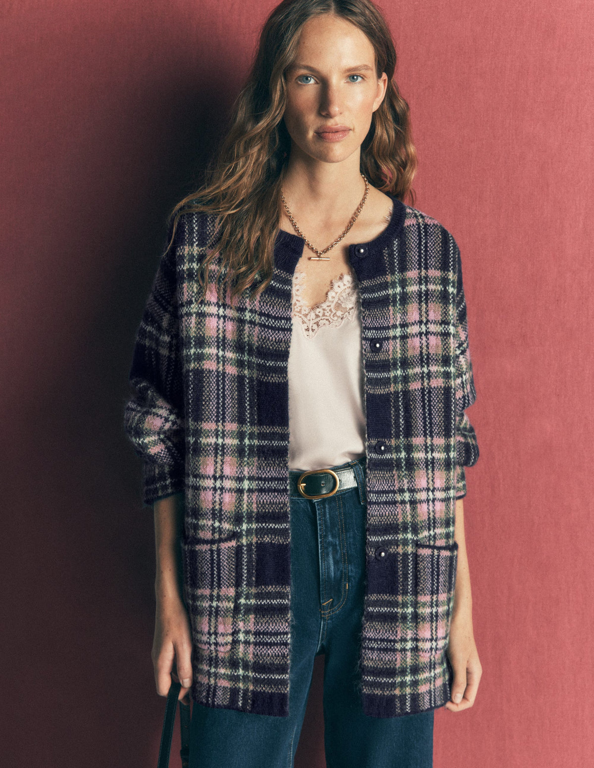 Fluffy Jacquard Cardigan-Navy, Green and Pink Check - Image 6