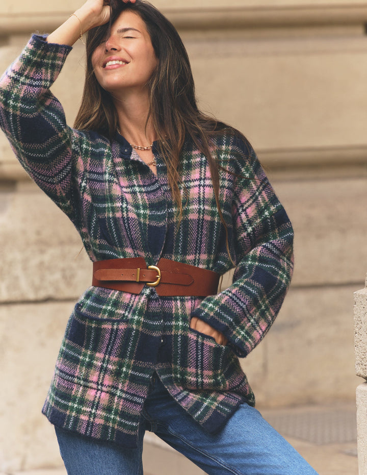 Fluffy Jacquard Cardigan-Navy, Green and Pink Check
