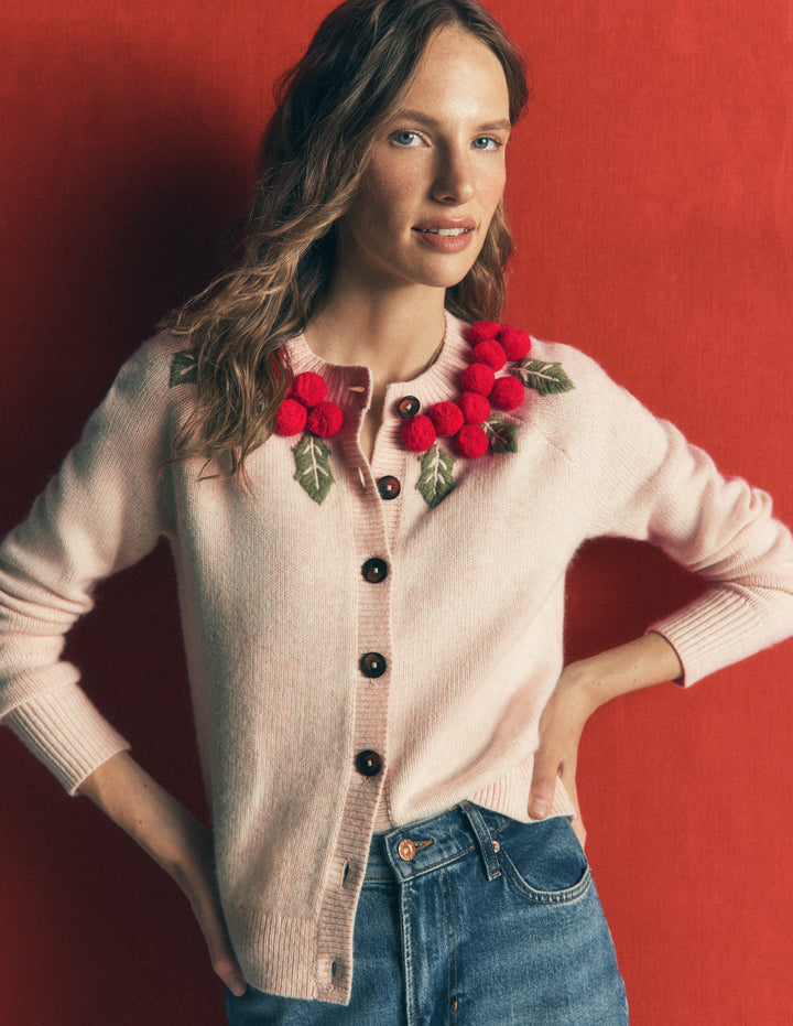 Mae Novelty Cardigan-Ivory, Holly wreath