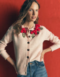 Mae Novelty Cardigan-Ivory, Holly wreath