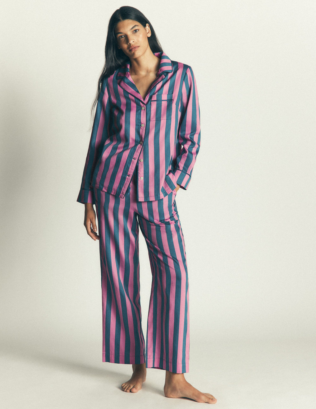 Cotton Pyjama Trousers-Pink And Blue Stripe - Image 1
