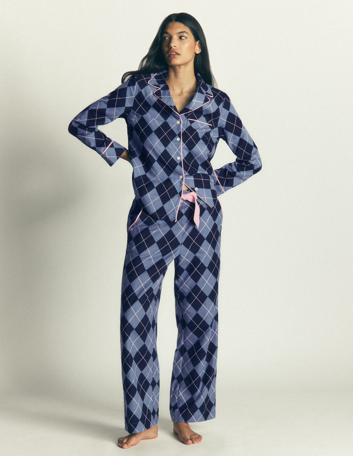 Brushed Cotton Pyjama Trousers-Light Blue and Navy Argyle-1