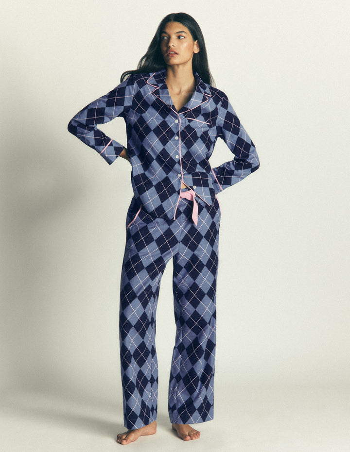 Brushed Cotton Pyjama Trousers-Light Blue and Navy Argyle