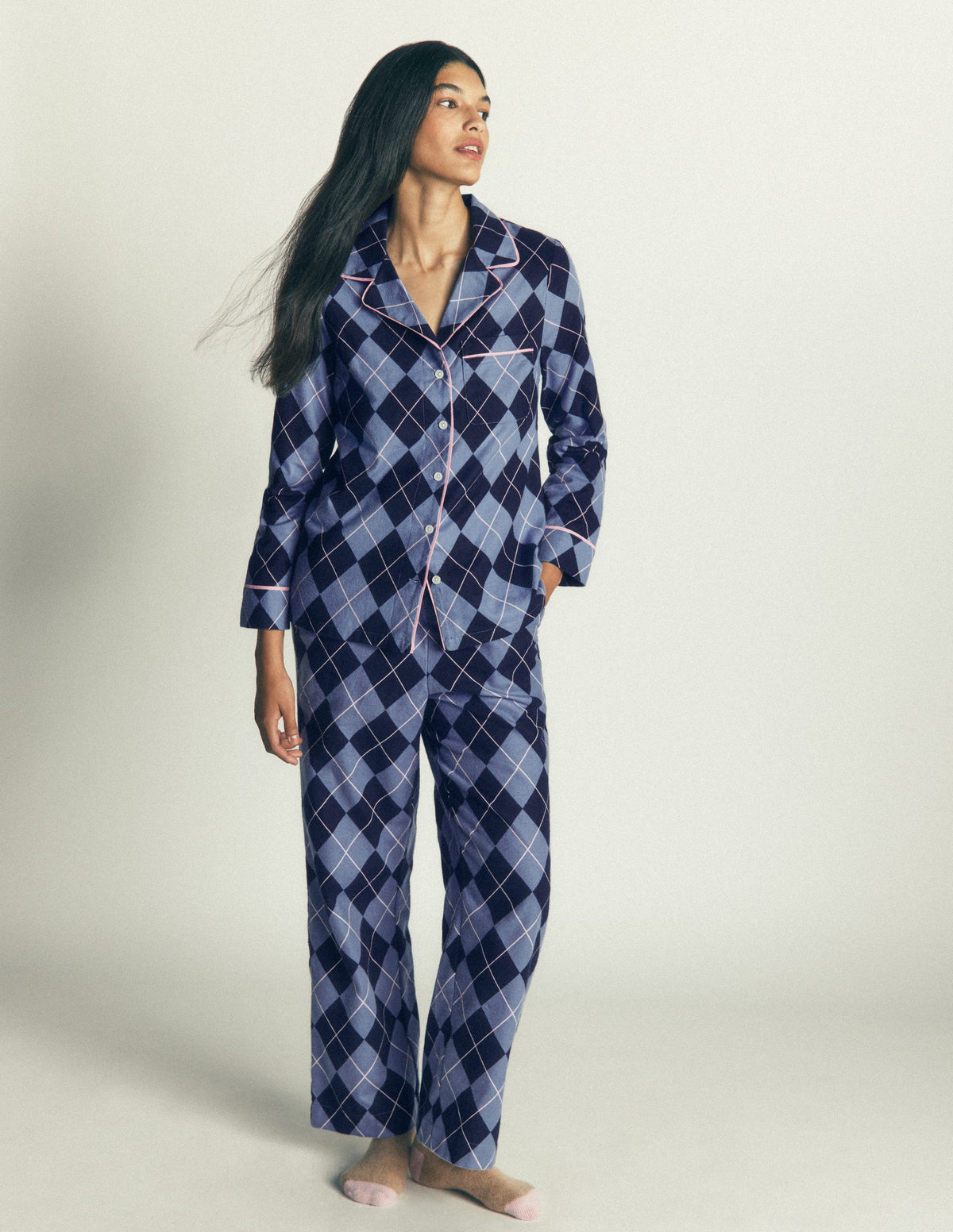 Brushed Cotton Pyjama Trousers-Light Blue and Navy Argyle-4