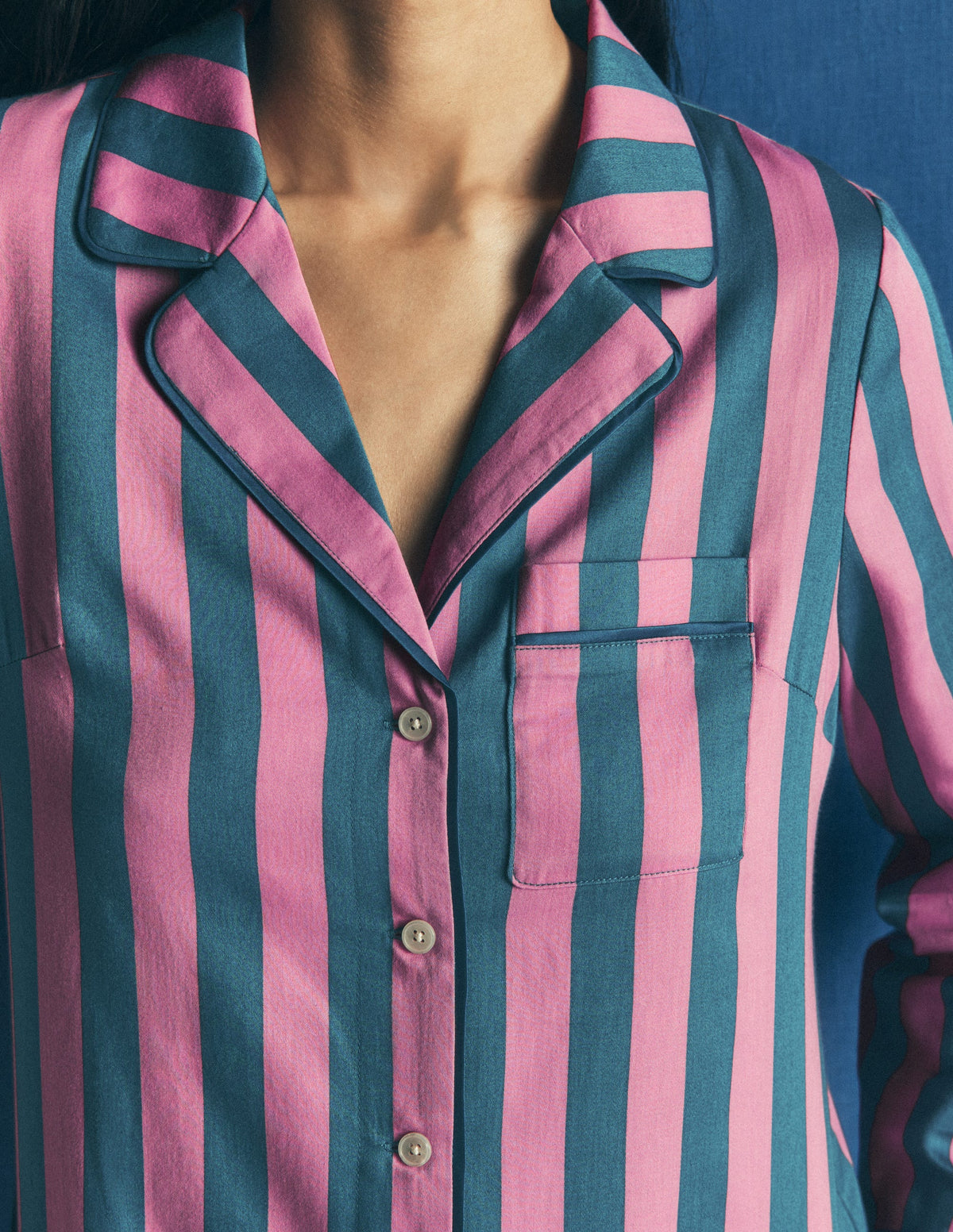 Cotton Pyjama Shirt-Pink And Blue Stripe-2