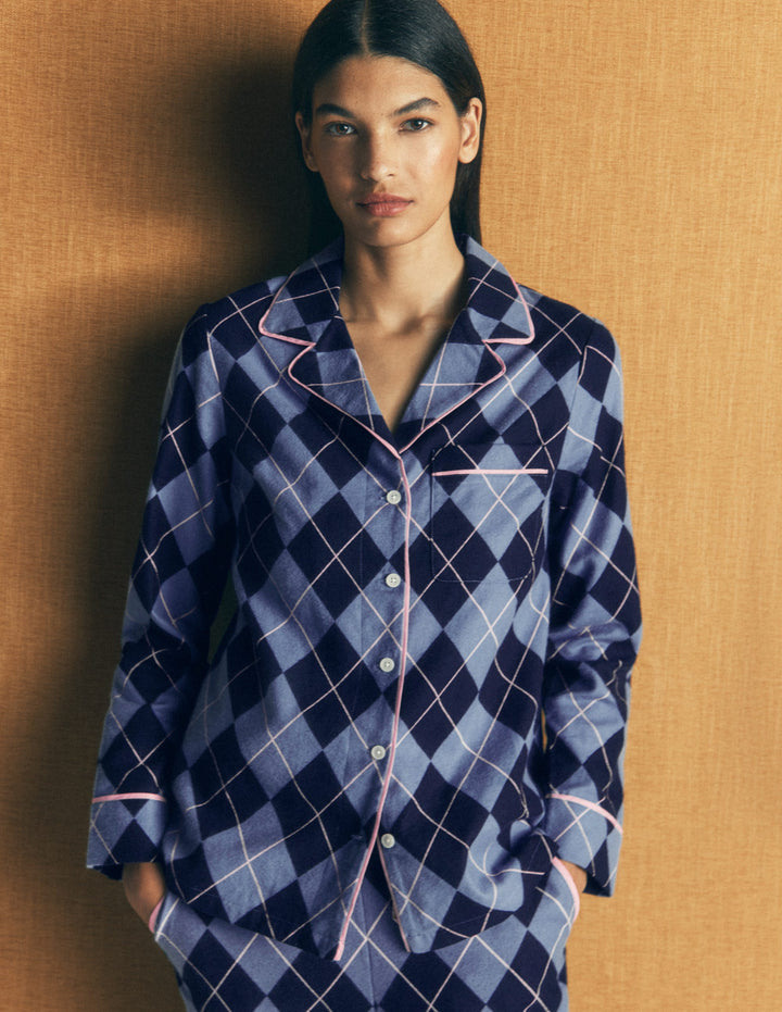 Brushed Cotton Pyjama Shirt-Blue Argyle